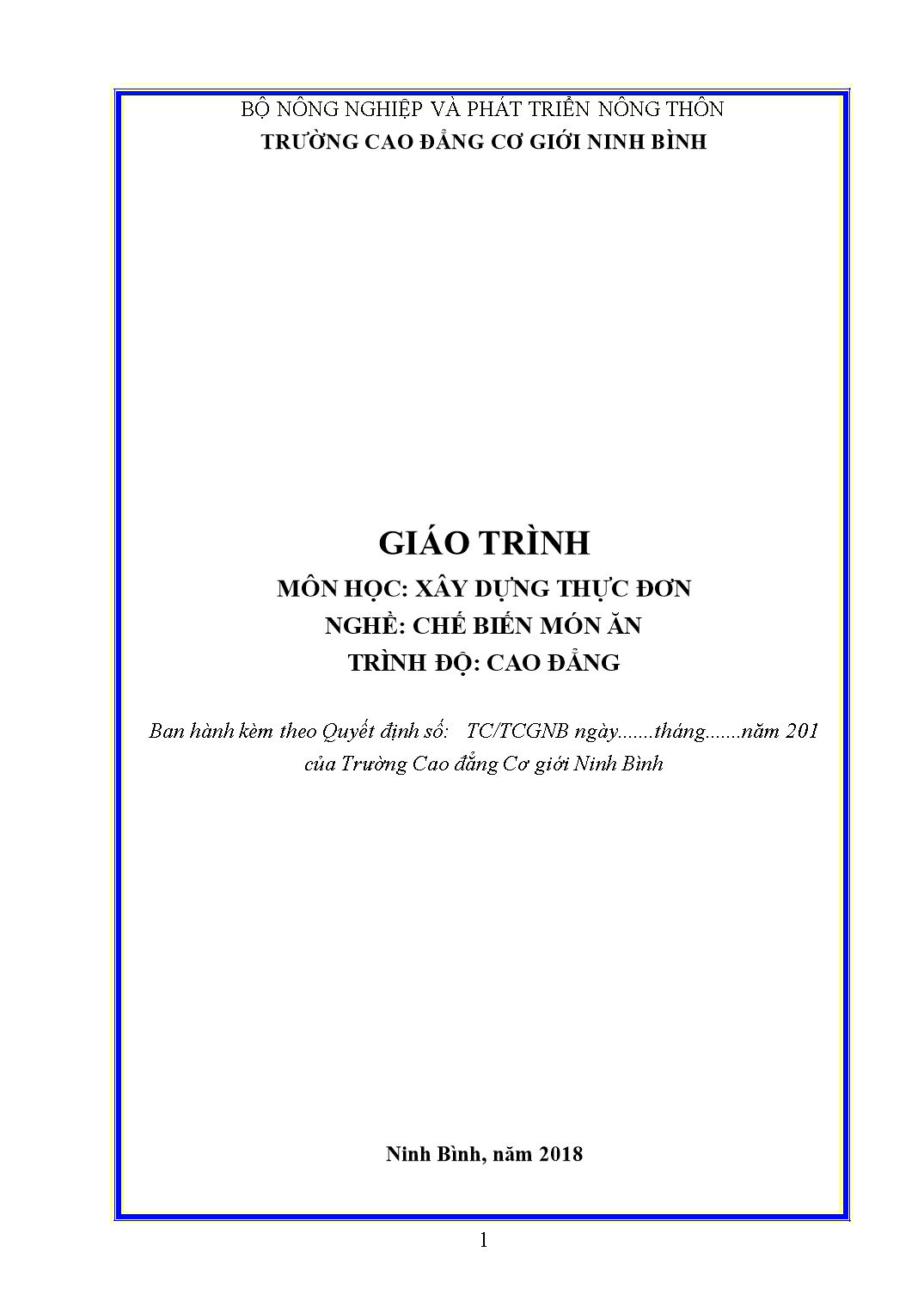 Giáo trình Chế biến món ăn - Xây dựng thực đơn trang 1