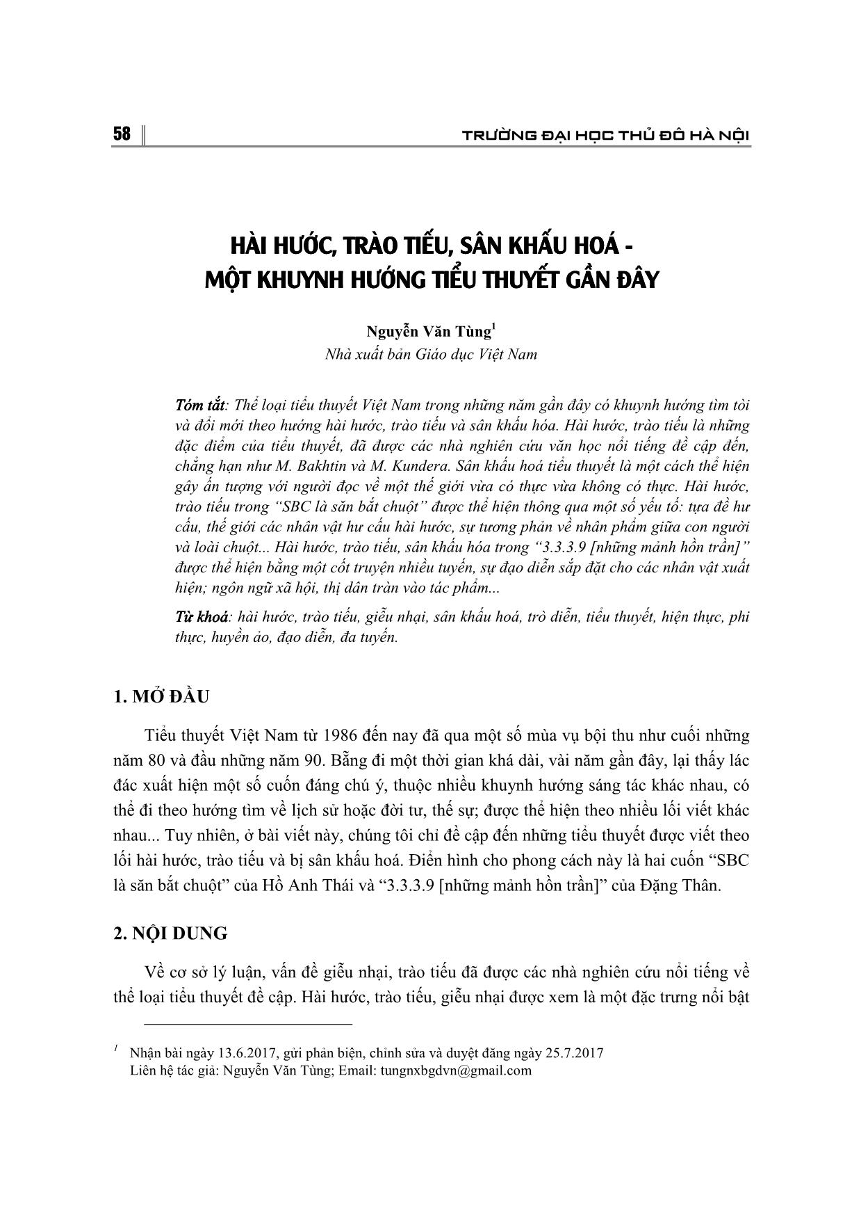 Hài hước, trào tiếu, sân khấu hóa - Một khuynh hướng tiểu thuyết gần đây trang 1