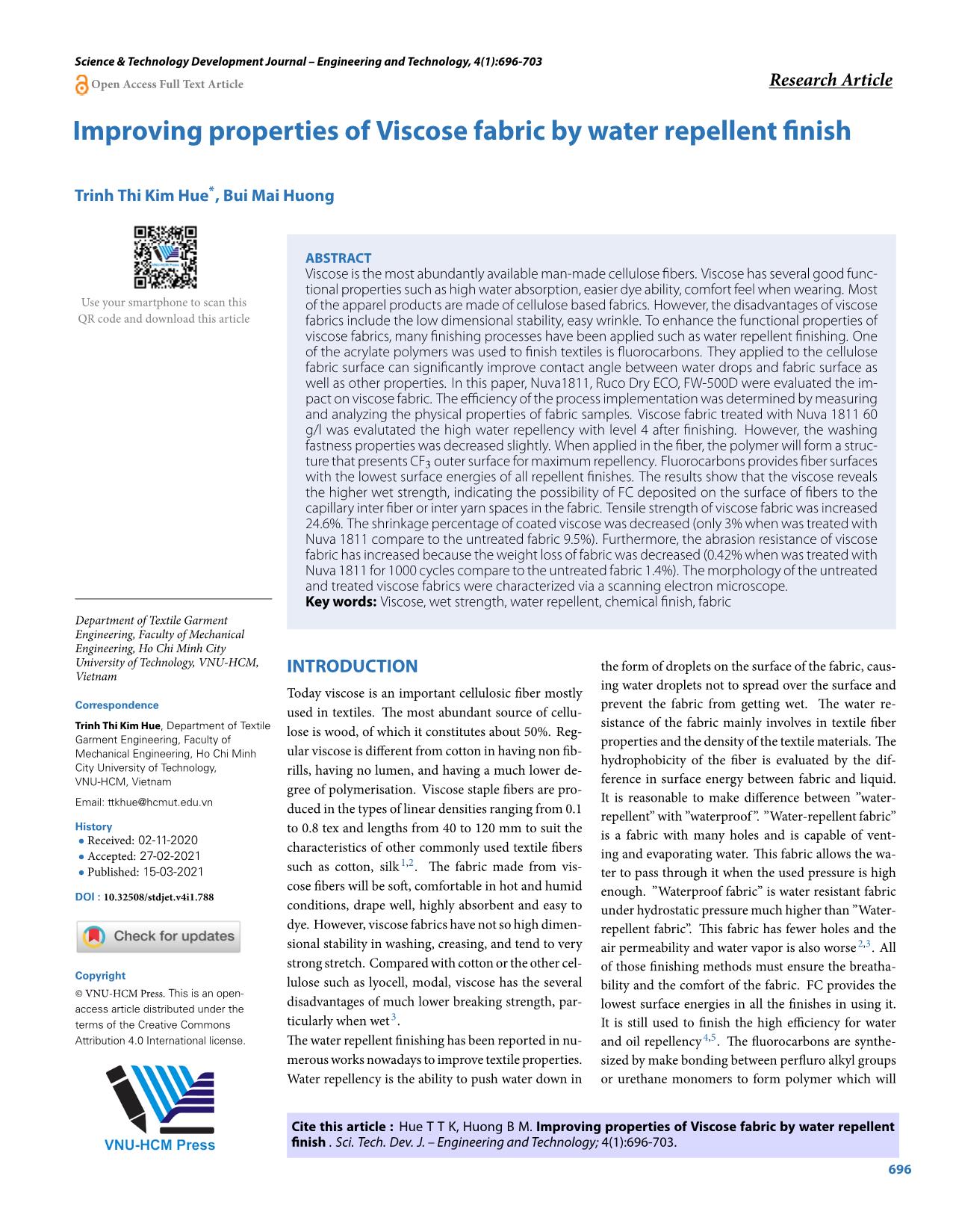 Improving properties of Viscose fabric by water repellent finish trang 1