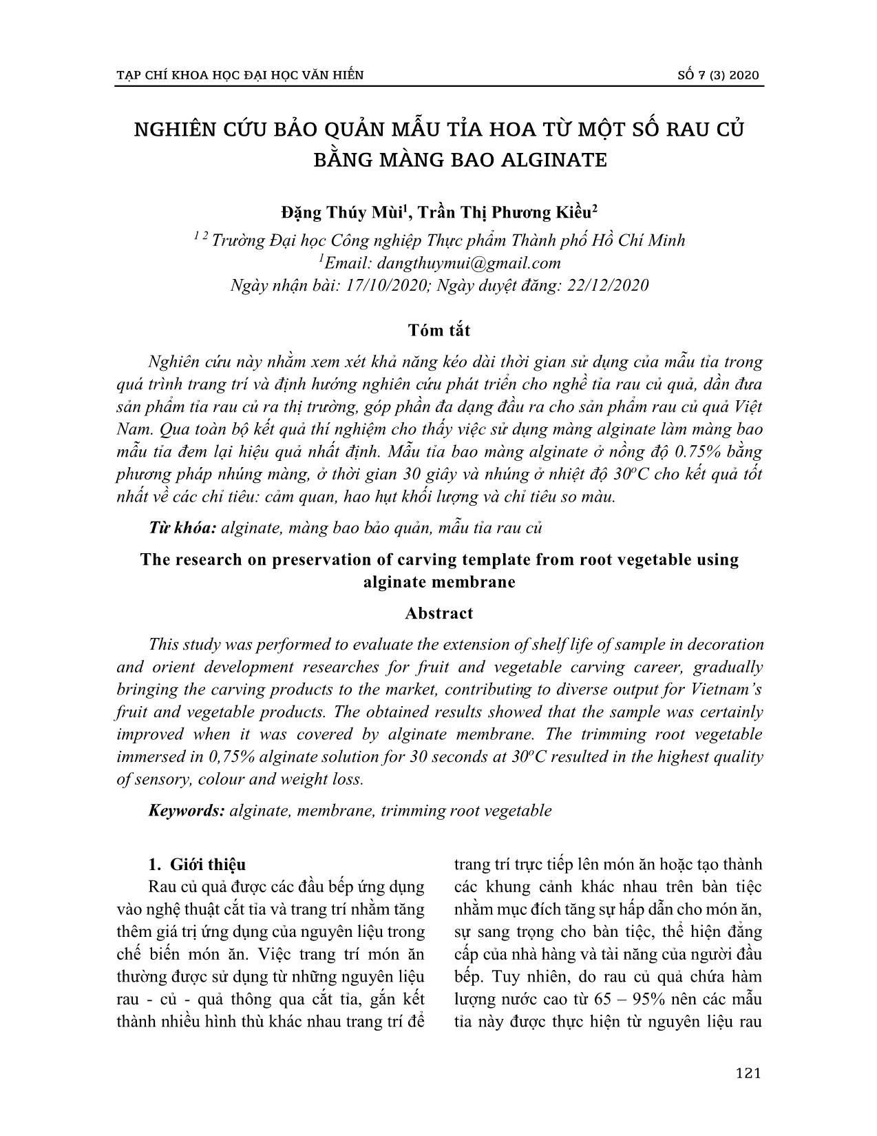 Nghiên cứu bảo quản mẫu tỉa hoa từ một số rau củ bằng màng bao Alginate trang 1