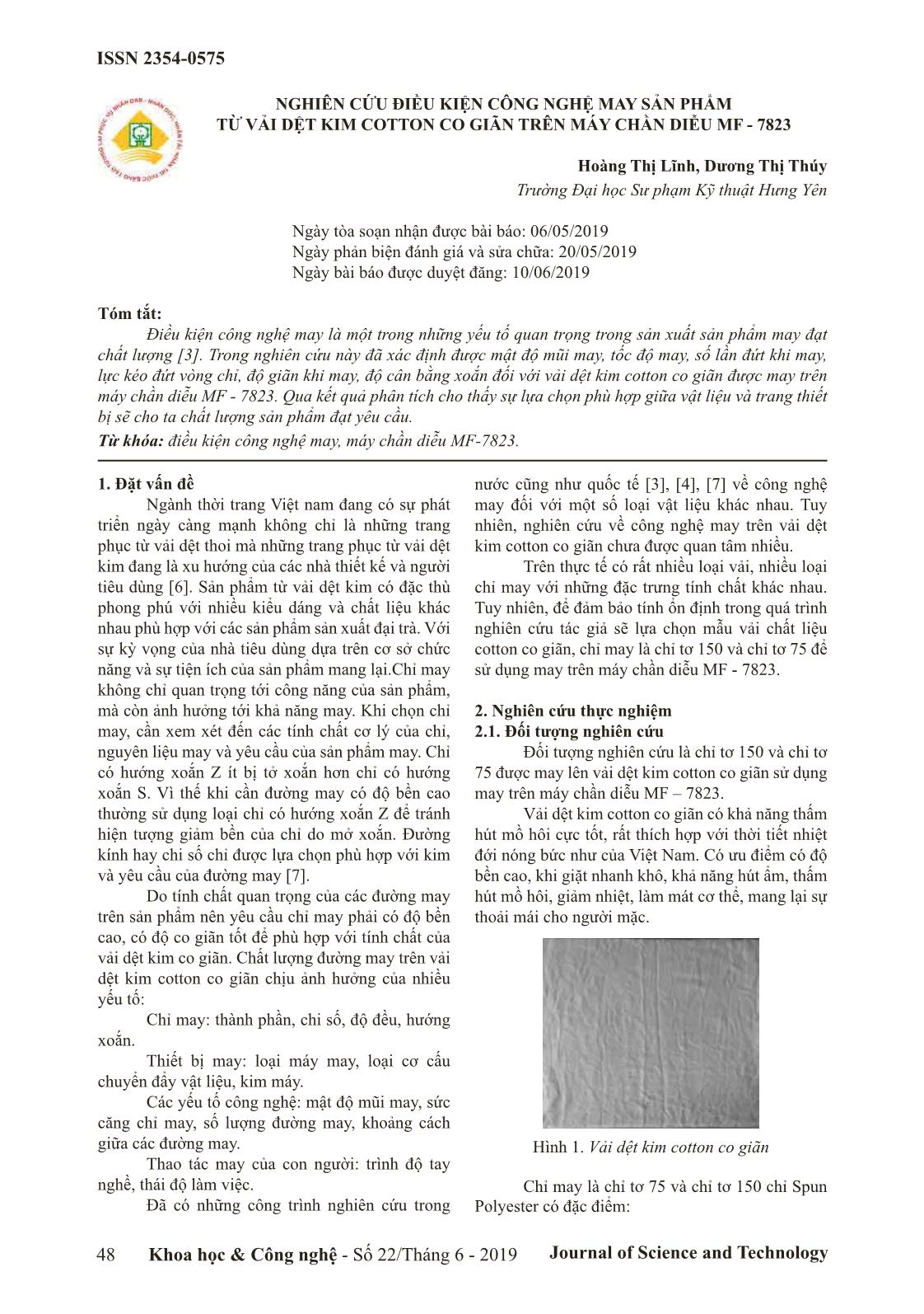 Nghiên cứu điều kiện công nghệ may sản phẩm từ vải dệt kim cotton co giãn trên máy chần diễu MF - 7823 trang 1