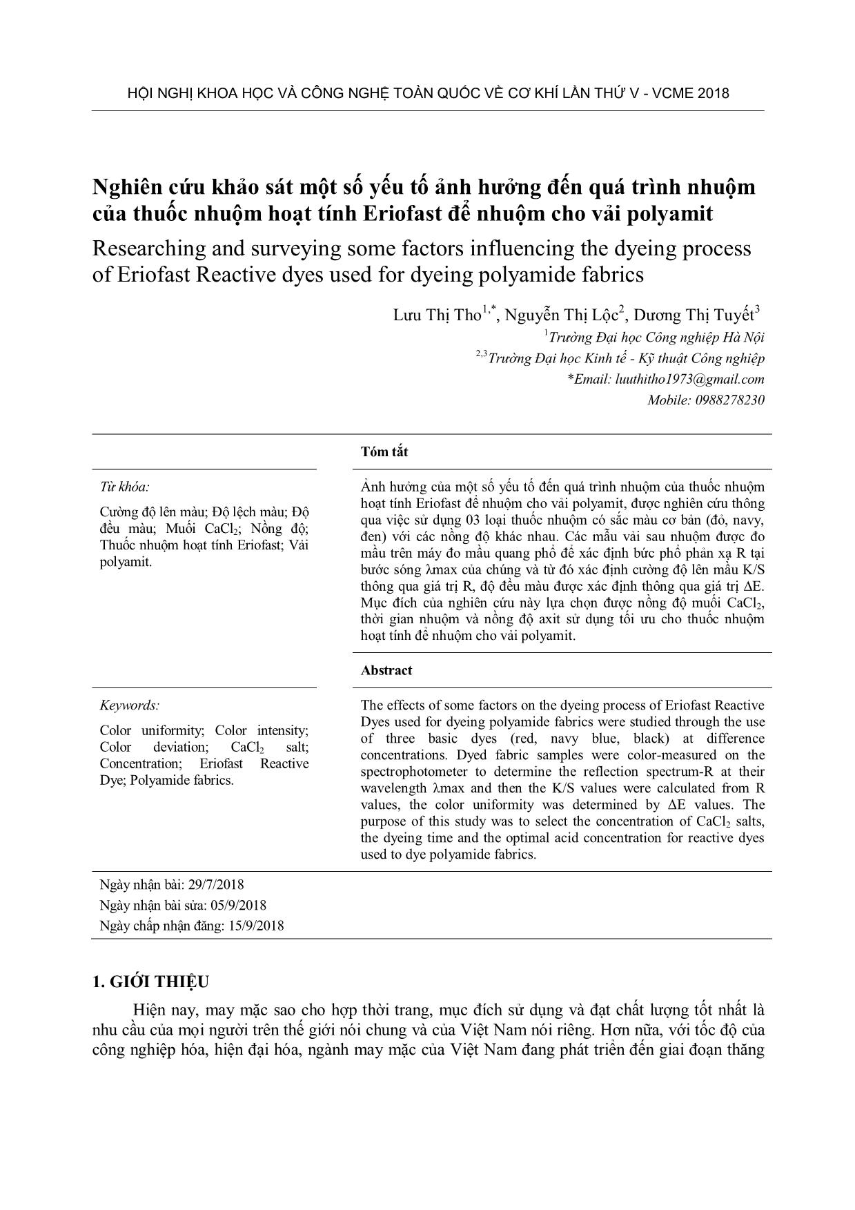 Nghiên cứu khảo sát một số yếu tố ảnh hưởng đến quá trình nhuộm của thuốc nhuộm hoạt tính Eriofast để nhuộm cho vải polyamit trang 1