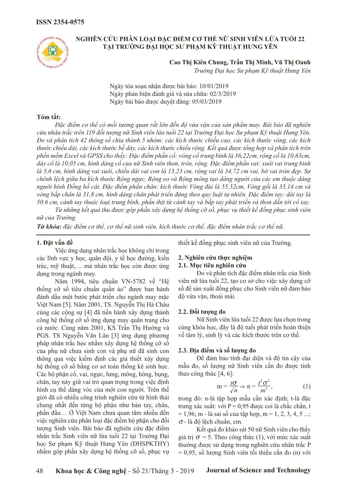 Nghiên cứu phân loại đặc điểm cơ thể nữ sinh viên lứa tuổi 22 tại trường Đại học Sư phạm kỹ thuật Hưng Yên trang 1