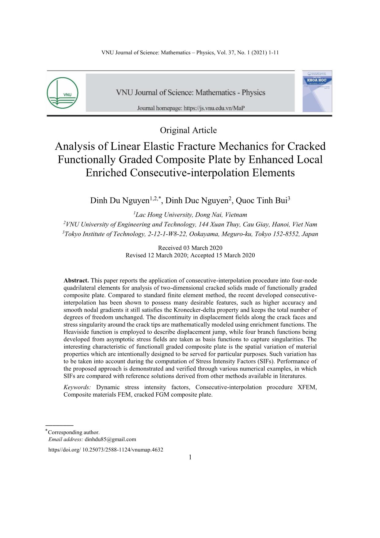 Analysis of linear elastic fracture mechanics for cracked functionally graded composite plate by enhanced local enriched consecutive - Interpolation elements trang 1