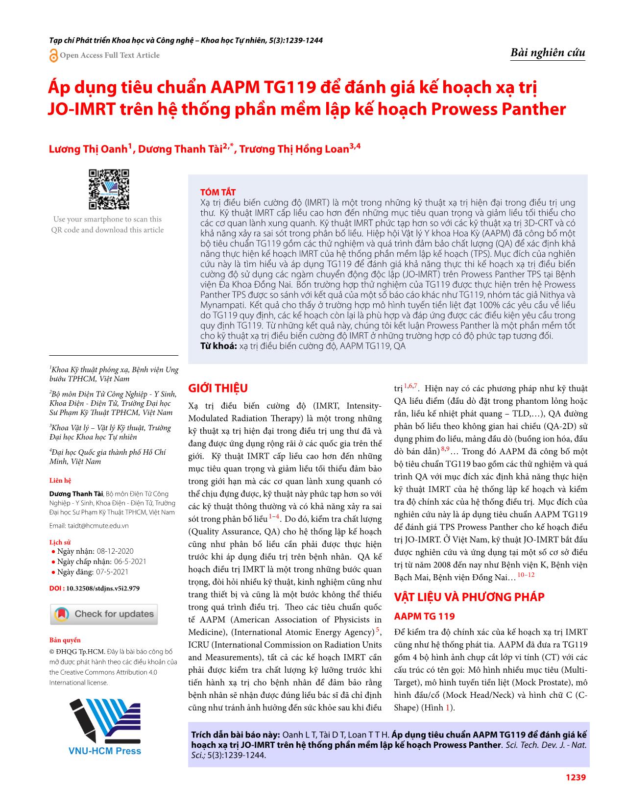 Áp dụng tiêu chuẩn AAPM TG119 để đánh giá kế hoạch xạ trị JO-IMRT trên hệ thống phần mềm lập kế hoạch Prowess Panther trang 1