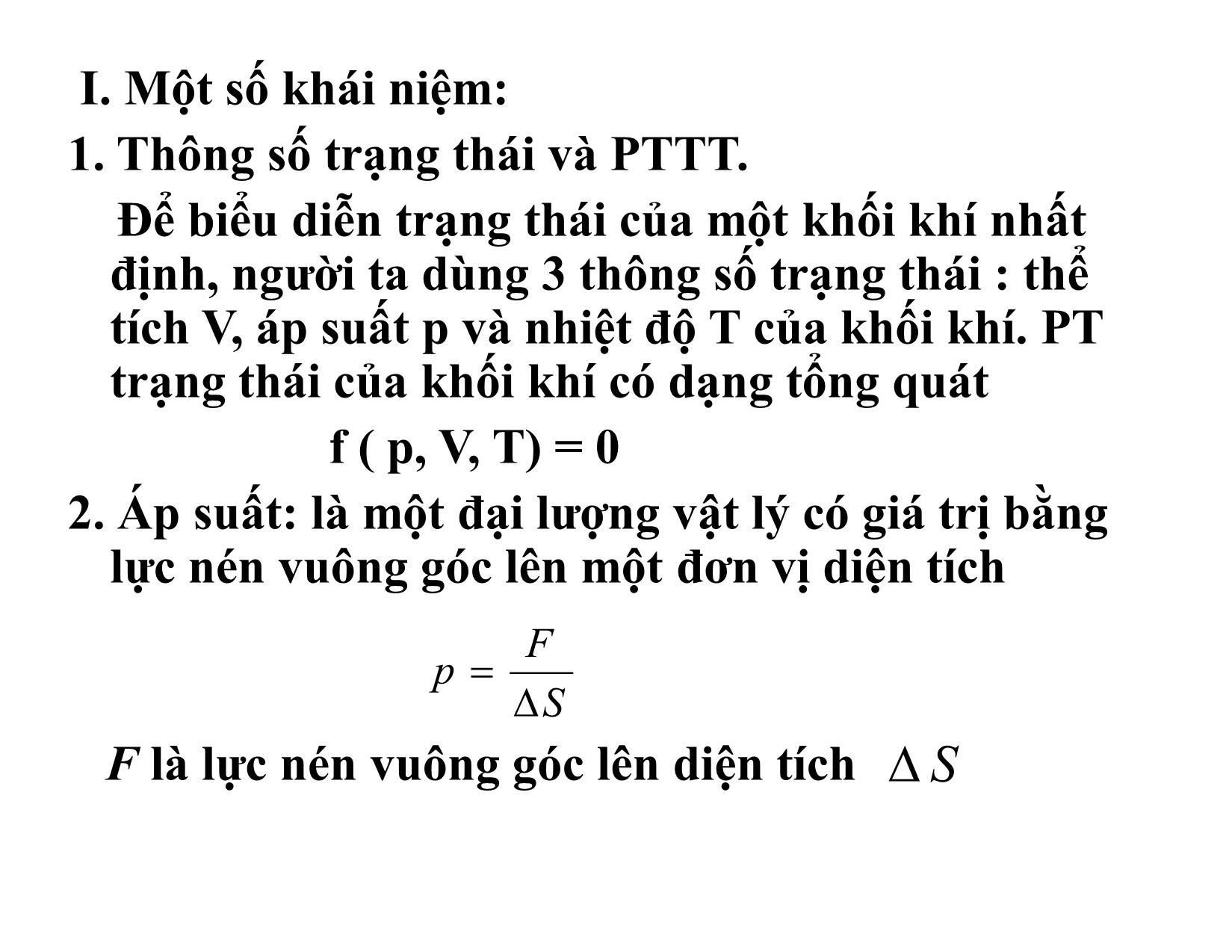 Bài giảng Vật lý đại cương 1 - Chương 4: Các định luật thực nghiệm về chất khí trang 2