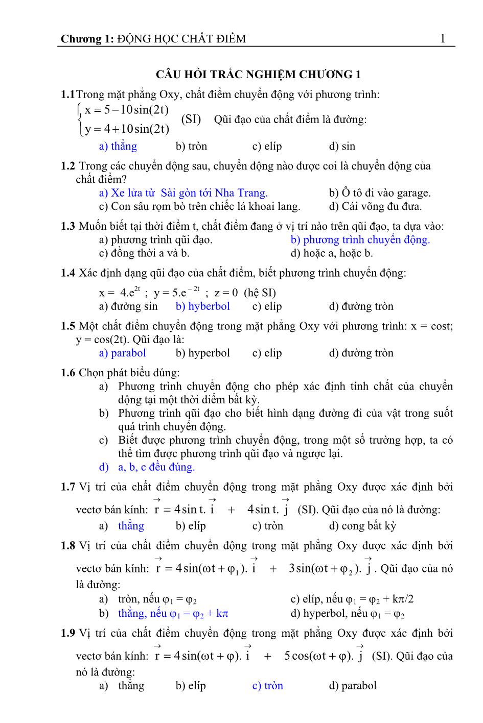Câu hỏi trắc nghiệm Vật lý đại cương - Chương 1+2+3 trang 2