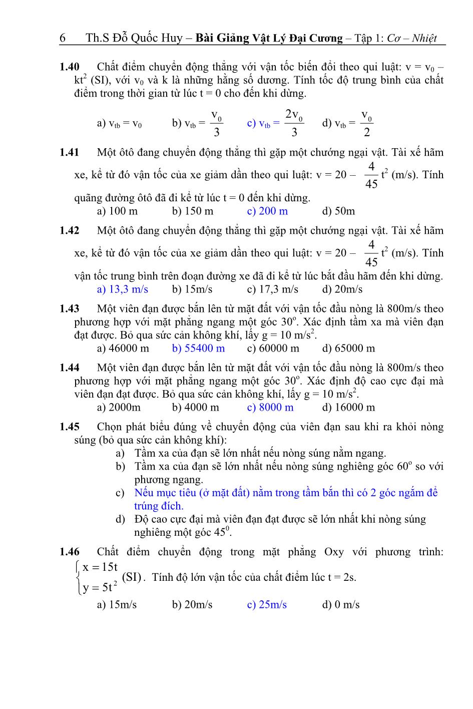 Câu hỏi trắc nghiệm Vật lý đại cương - Chương 1+2+3 trang 7