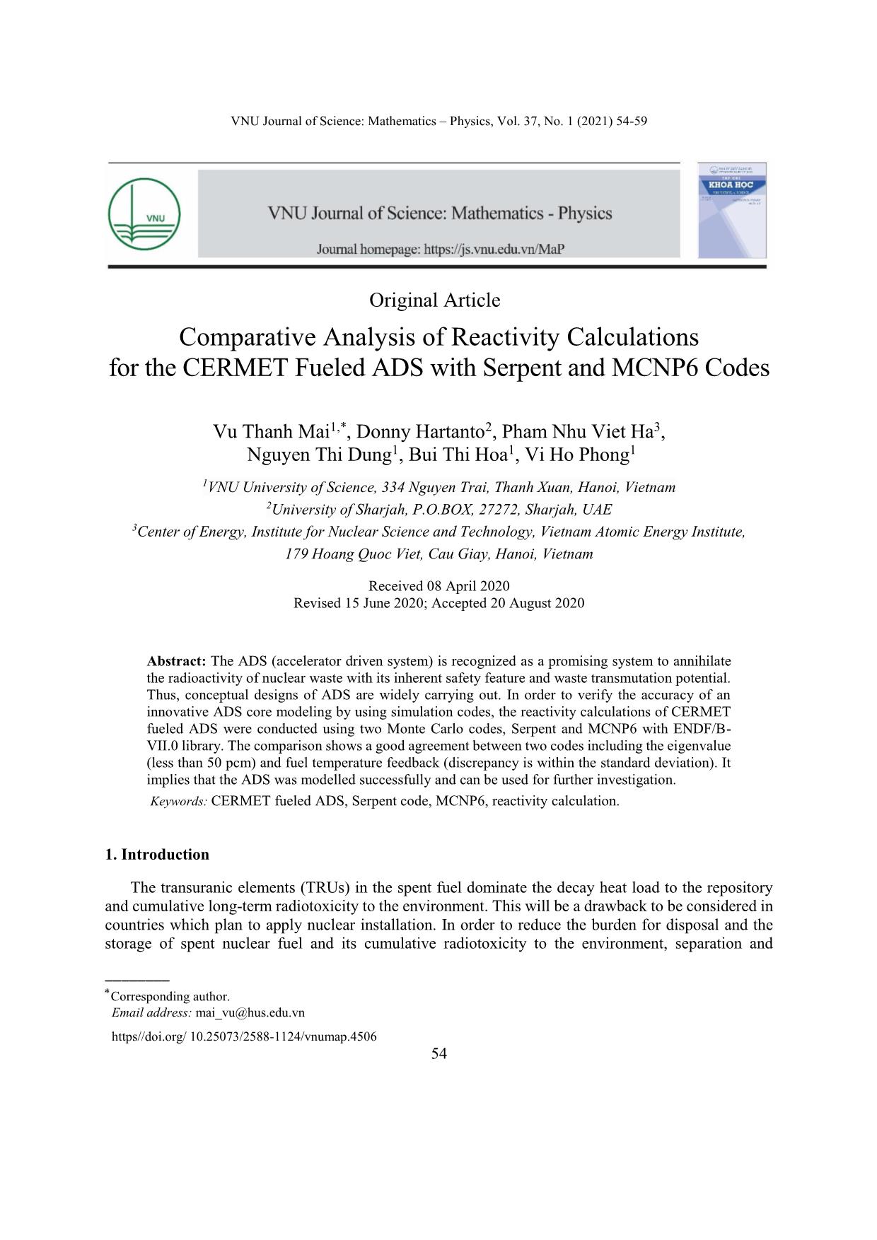 Comparative Analysis of Reactivity Calculations for the CERMET Fueled ADS with Serpent and MCNP6 Codes trang 1