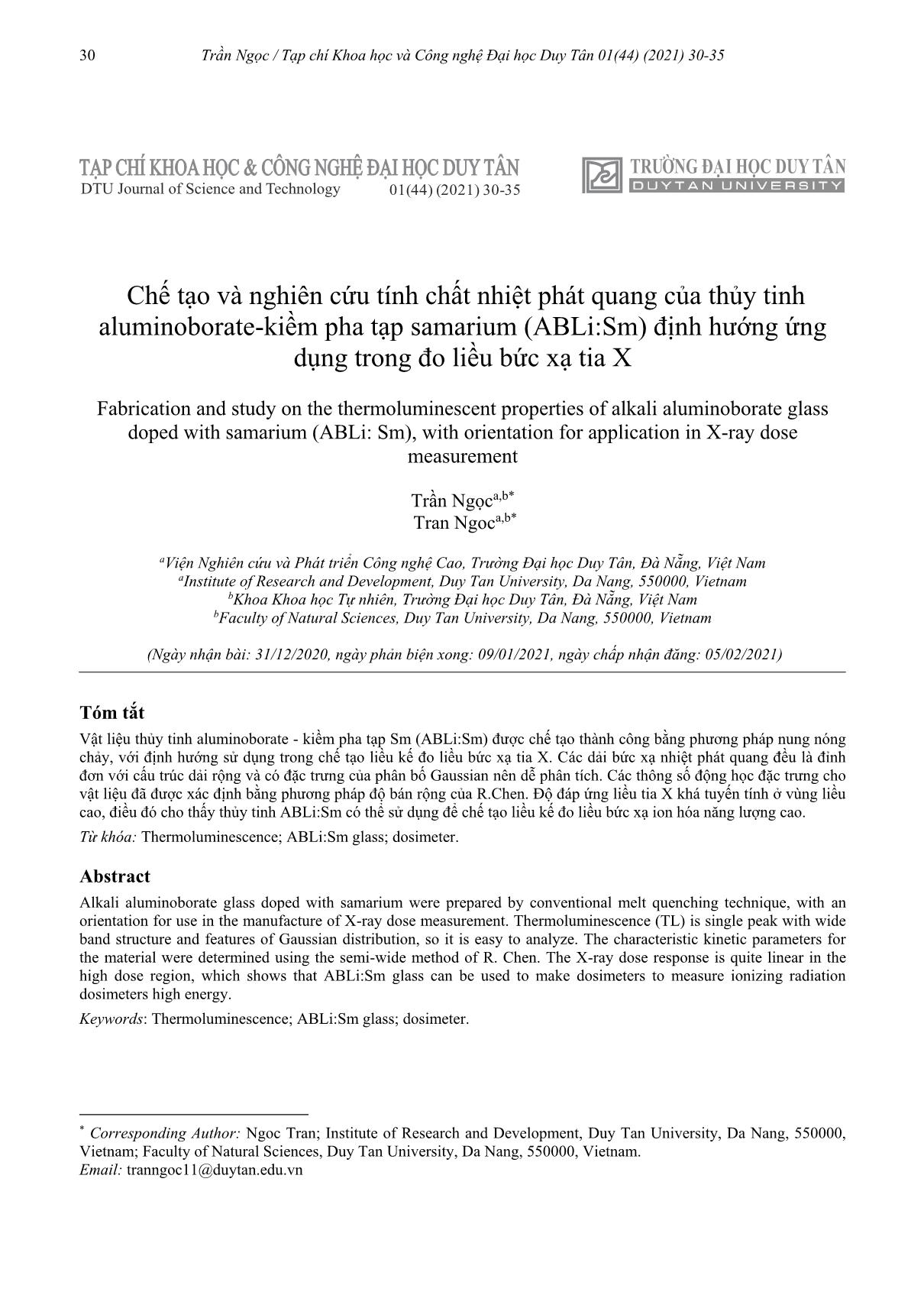 Chế tạo và nghiên cứu tính chất nhiệt phát quang của thủy tinh aluminoborate-Kiềm pha tạp samarium (ABLi:Sm) định hướng ứng dụng trong đo liều bức xạ tia X trang 1