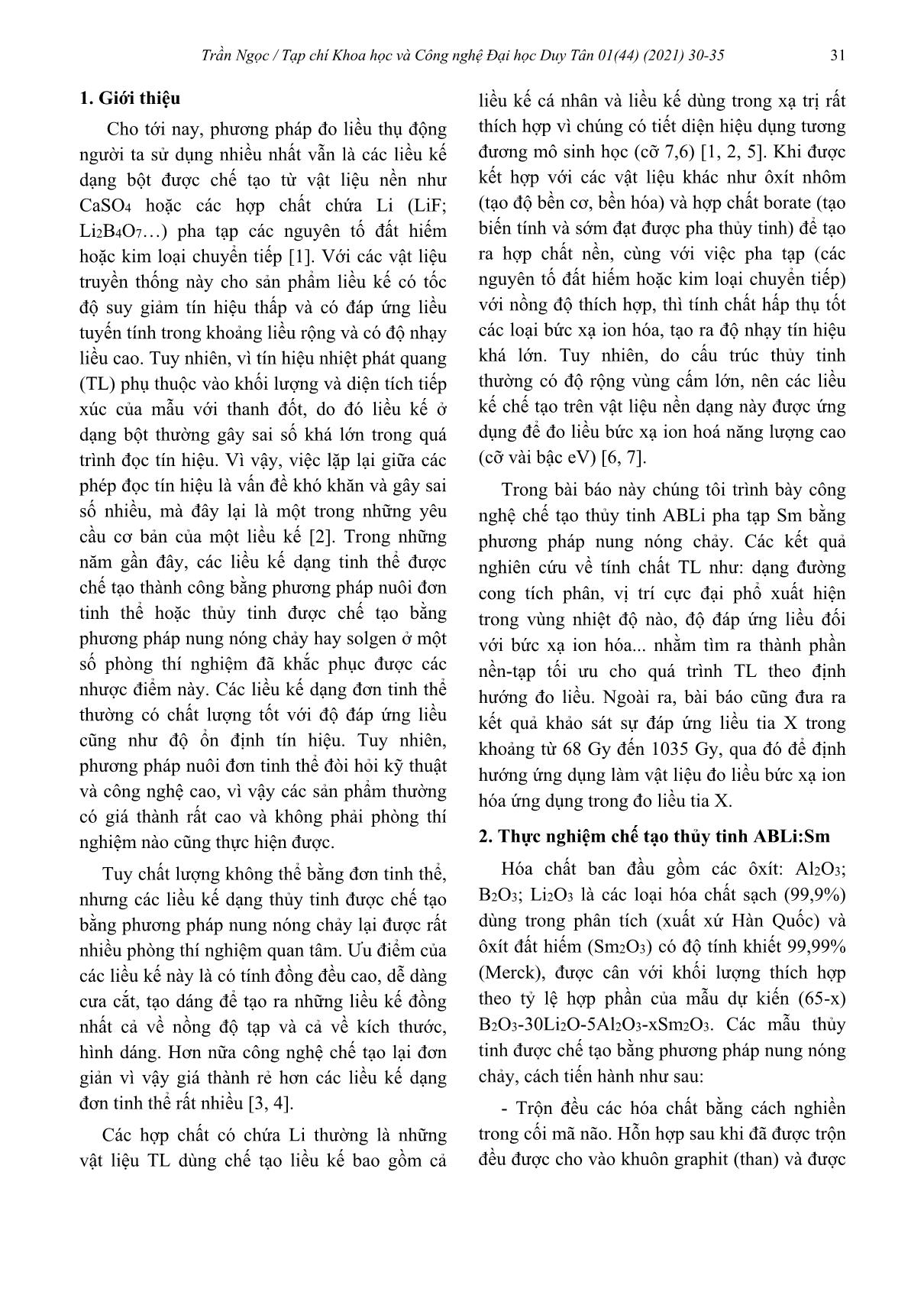 Chế tạo và nghiên cứu tính chất nhiệt phát quang của thủy tinh aluminoborate-Kiềm pha tạp samarium (ABLi:Sm) định hướng ứng dụng trong đo liều bức xạ tia X trang 2