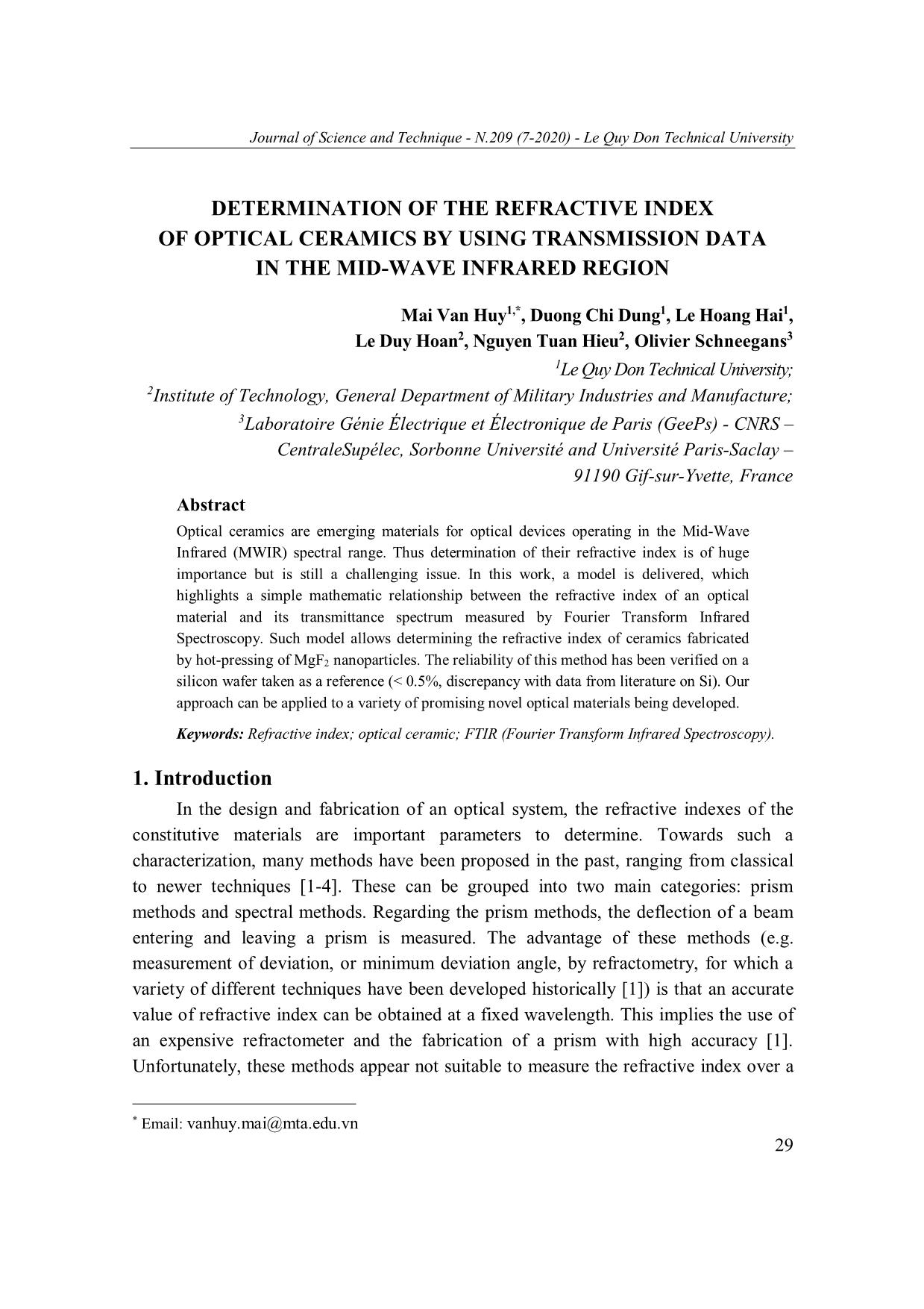 Determination of the refractive index of optical ceramics by using transmission data in the mid - wave infrared region trang 1