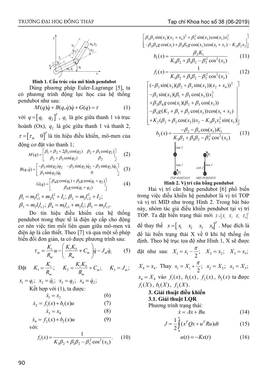 Điều khiển hệ pendubot sử dụng dạng toàn phương tuyến tính dựa trên logic mờ trang 2
