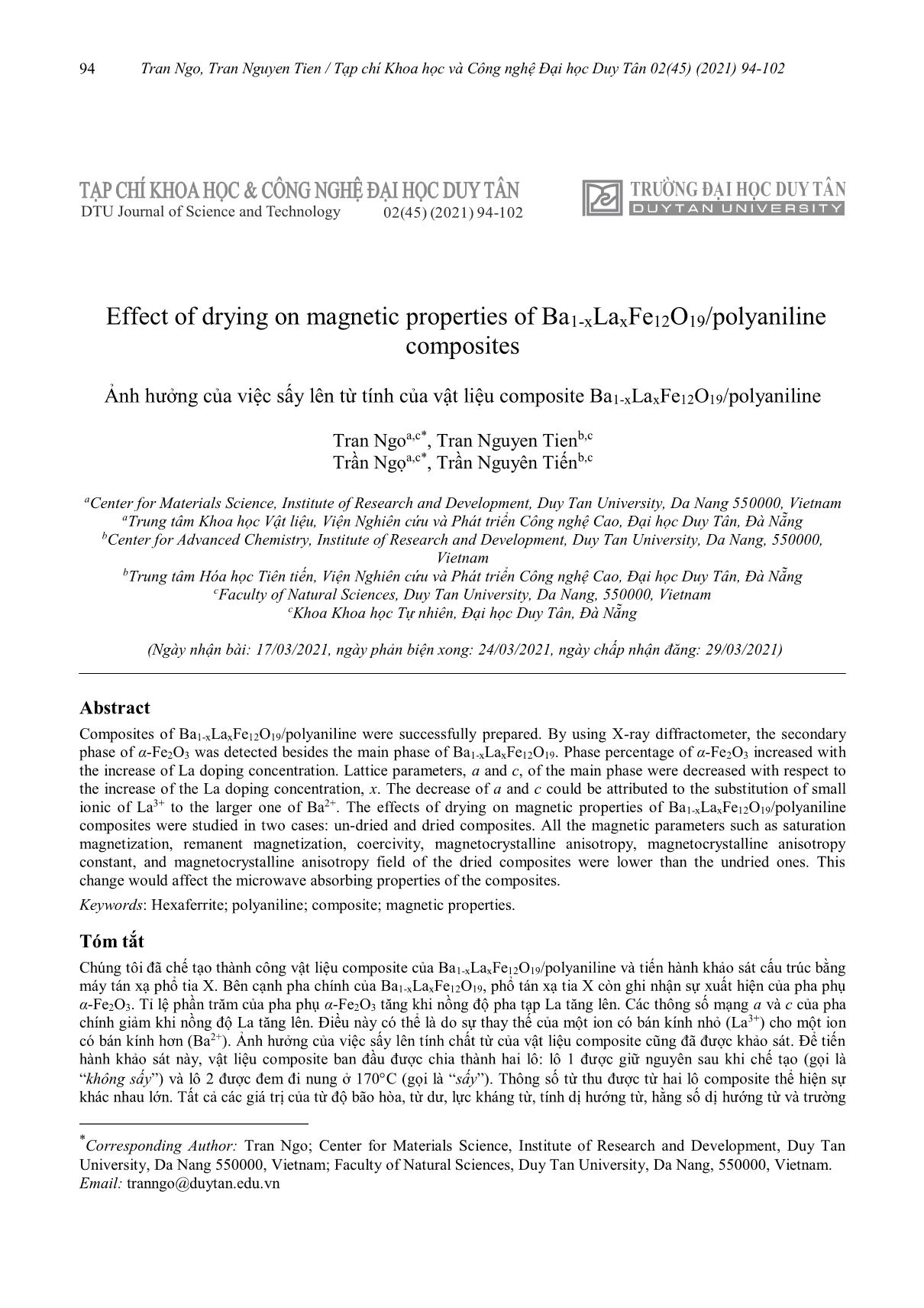 Ảnh hưởng của việc sấy lên từ tính của vật liệu composite Ba1-XLaxFe₁₂O₁₉/polyaniline trang 1