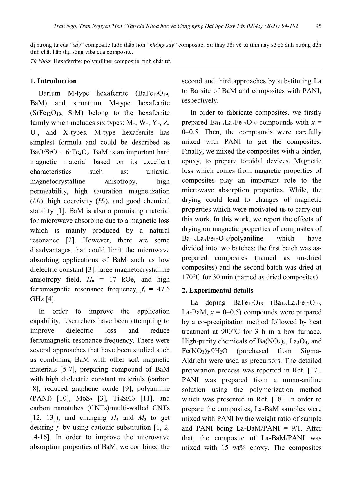 Ảnh hưởng của việc sấy lên từ tính của vật liệu composite Ba1-XLaxFe₁₂O₁₉/polyaniline trang 2