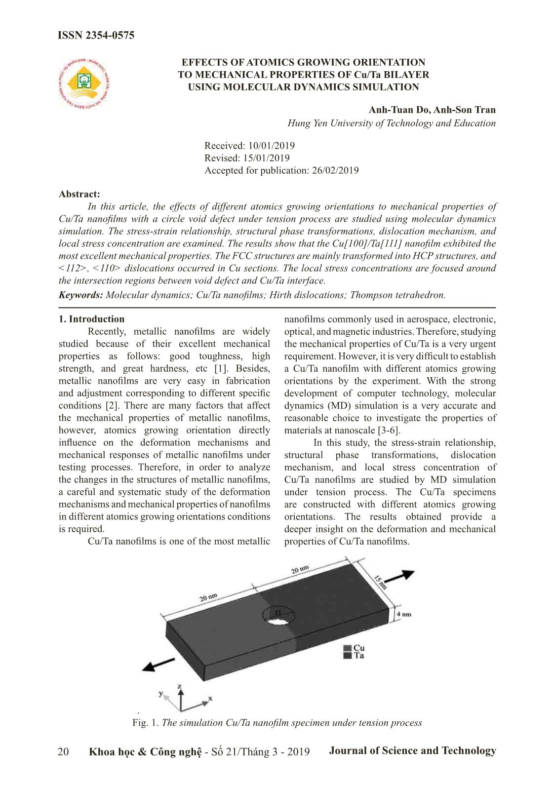 Effects of atomics growing orientation to mechanical properties of Cu/Ta bilayer using molecular dynamics simulation trang 1