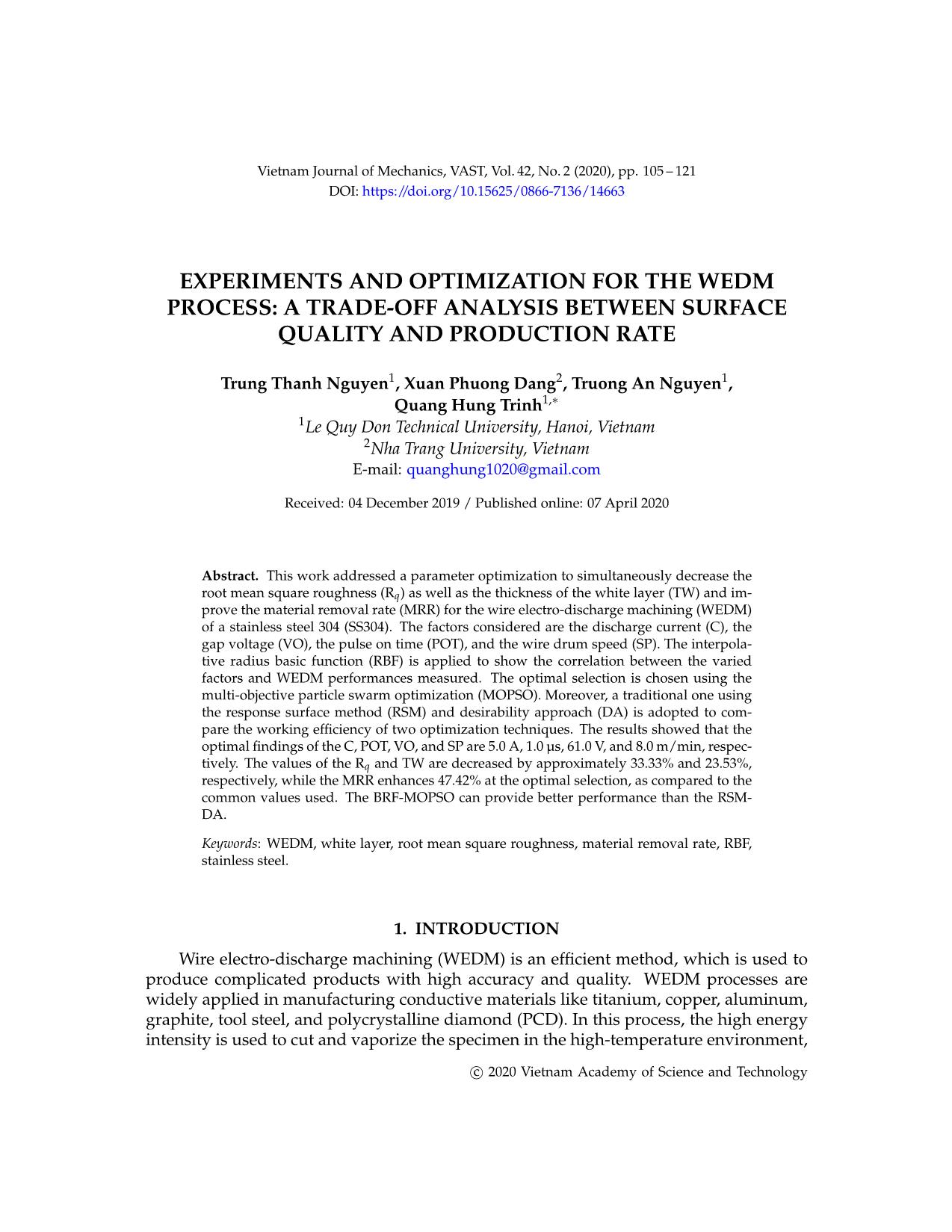 Experiments and optimization for the wedm process: A trade-off analysis between surface quality and production rate trang 1