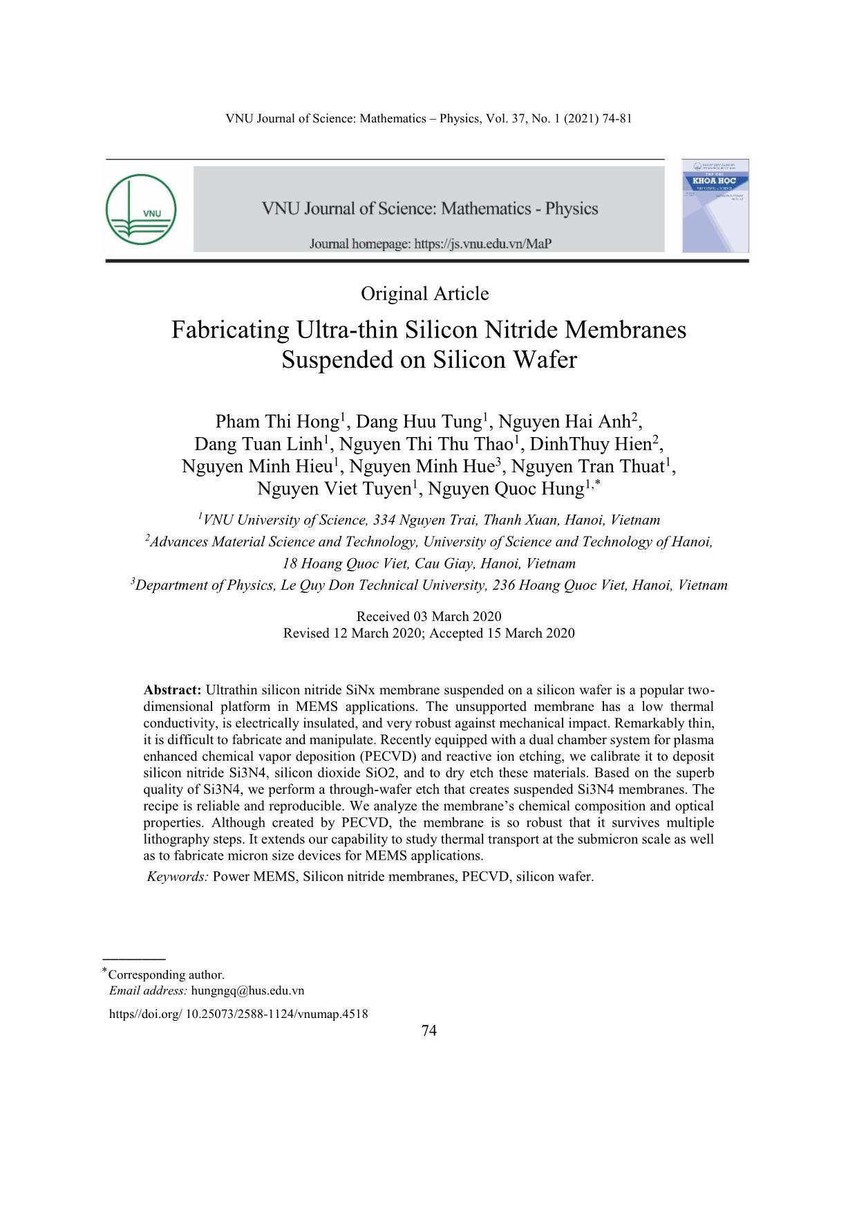 Fabricating ultra - thin silicon nitride membranes suspended on silicon wafer trang 1