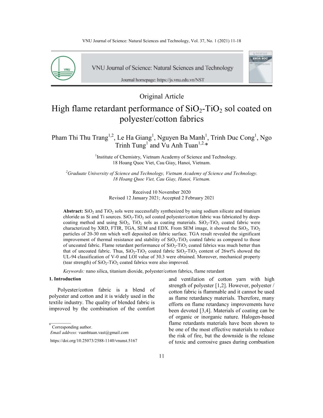 High flame retardant performance of SiO2-TiO2 sol coated on polyester/cotton fabrics trang 1