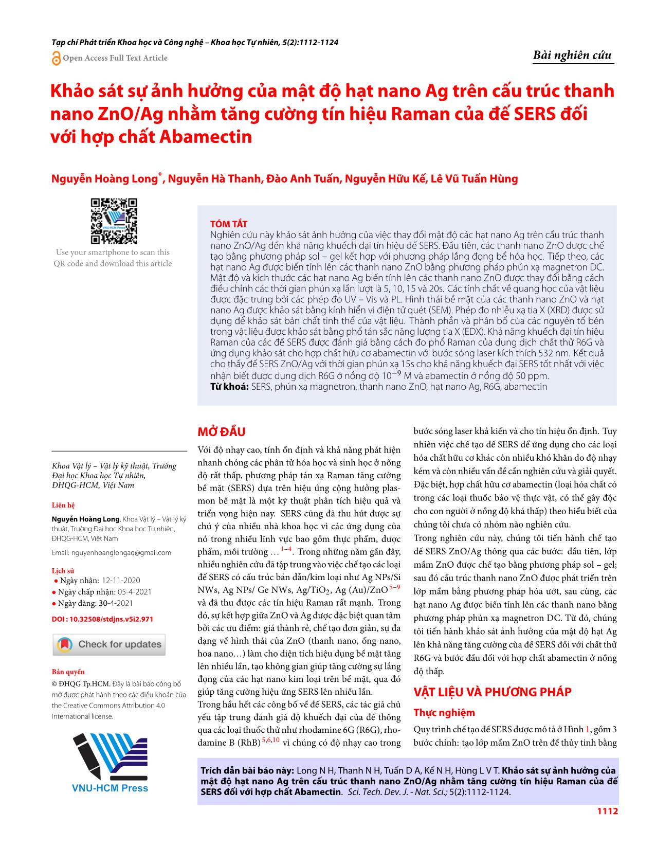 Khảo sát sự ảnh hưởng của mật độ hạt nano Ag trên cấu trúc thanh nano ZnO/Ag nhằm tăng cường tín hiệu Raman của đế SERS đối với hợp chất Abamectin trang 1