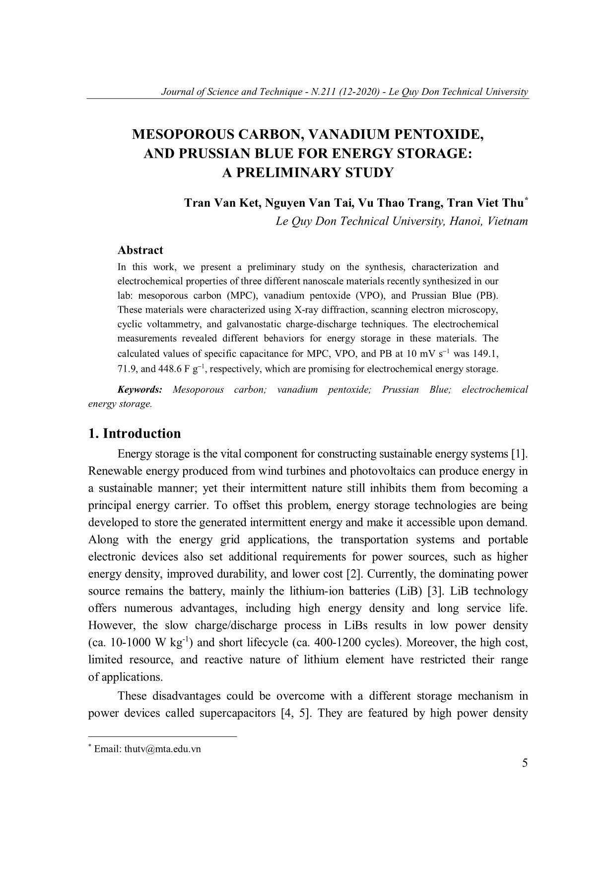 Mesoporous carbon, vanadium pentoxide, and prussian blue for energy storage: A preliminary study trang 1