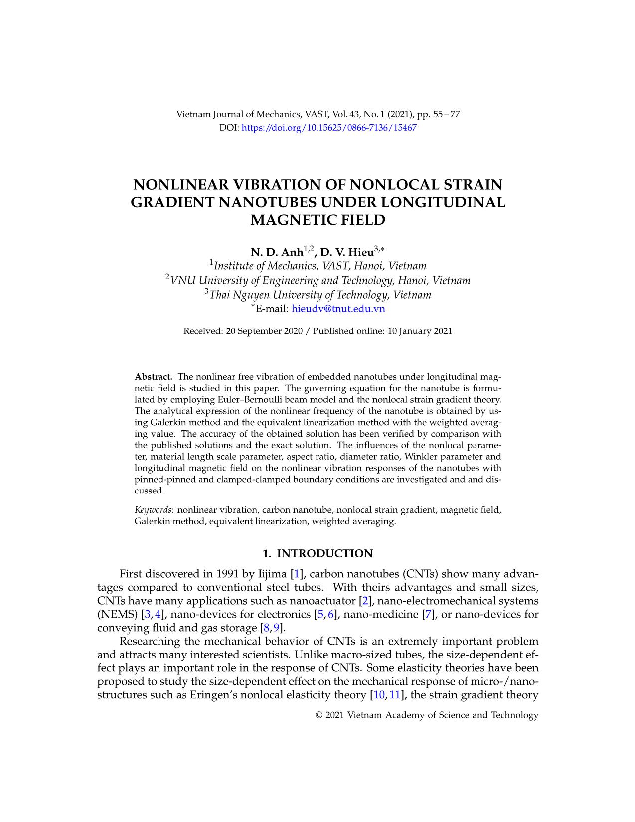 Nonlinear vibration of nonlocal strain gradient nanotubes under longitudinal magnetic field trang 1