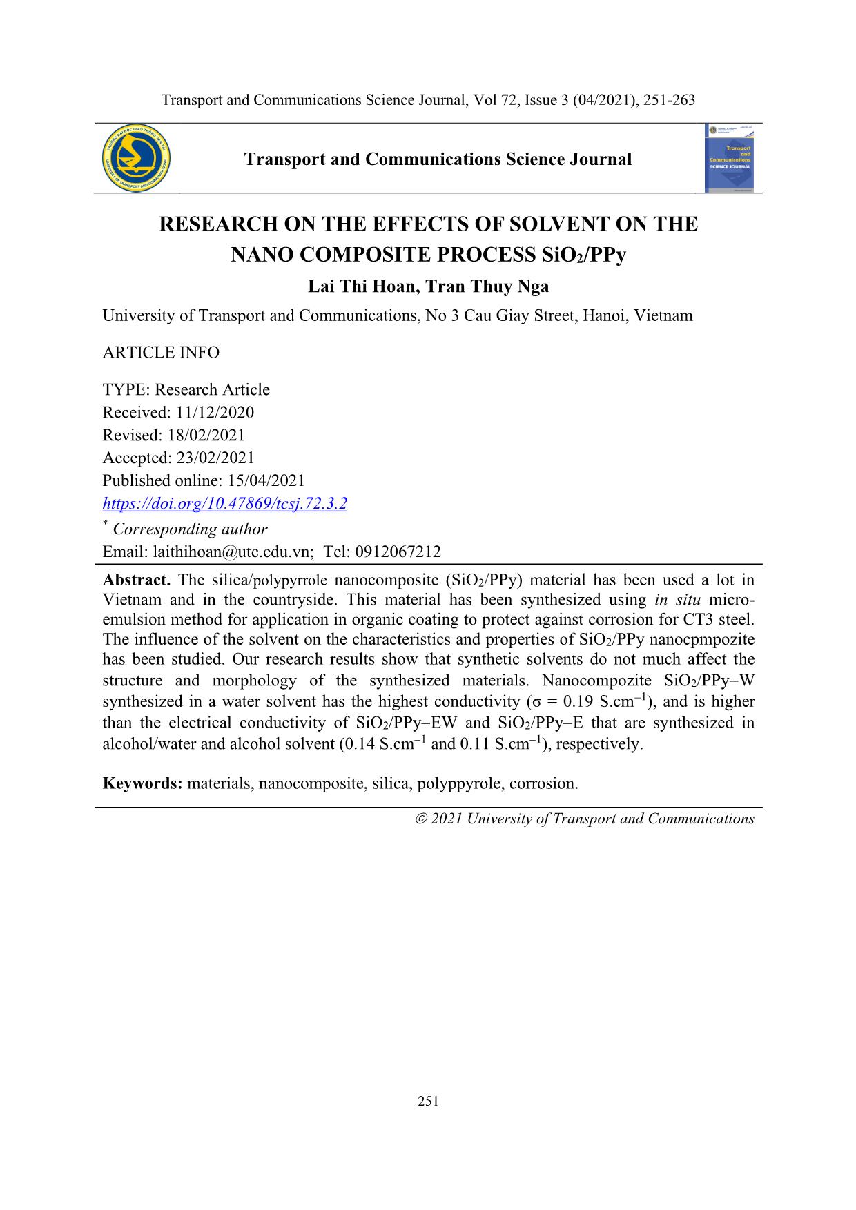 Nghiên cứu sự ảnh hưởng của dung môi đến quá trình tổng hợp nano composite SiO₂/PPY trang 1