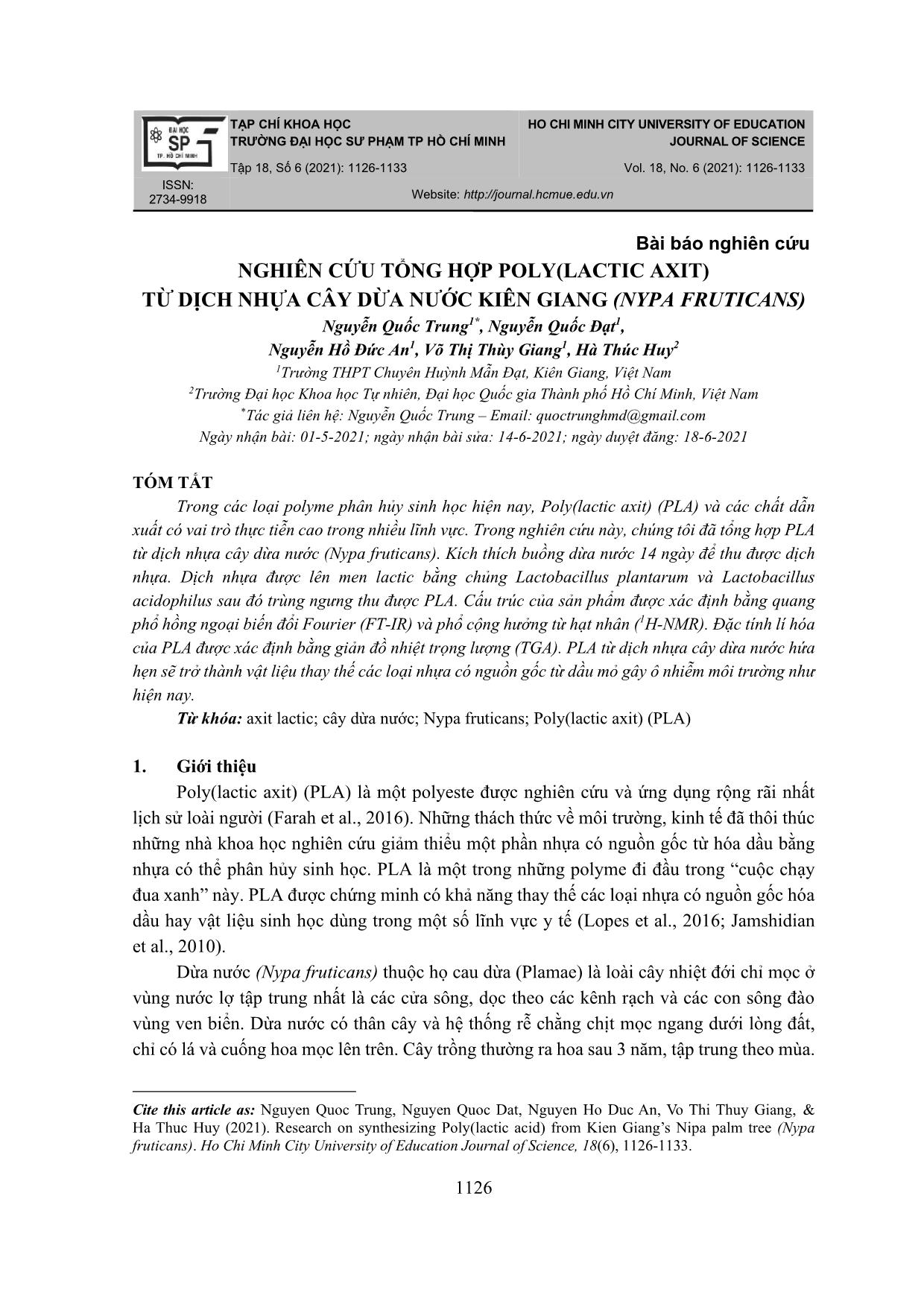 Nghiên cứu tổng hợp poly(lactic axit) từ dịch nhựa cây dừa nước Kiên Giang (nypa fruticans) trang 1