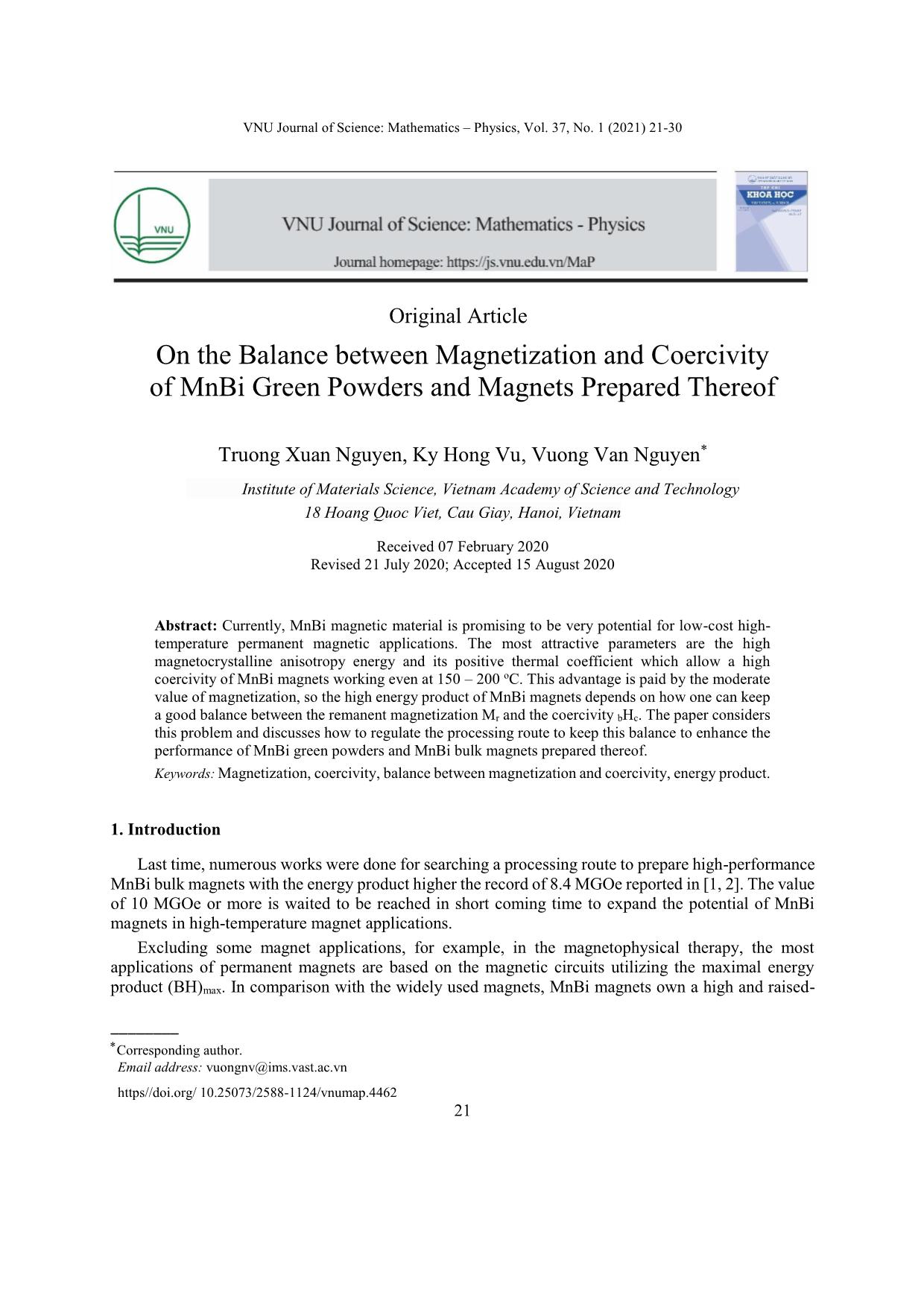 On the balance between magnetization and coercivity of mnbi green powders and magnets prepared thereof trang 1