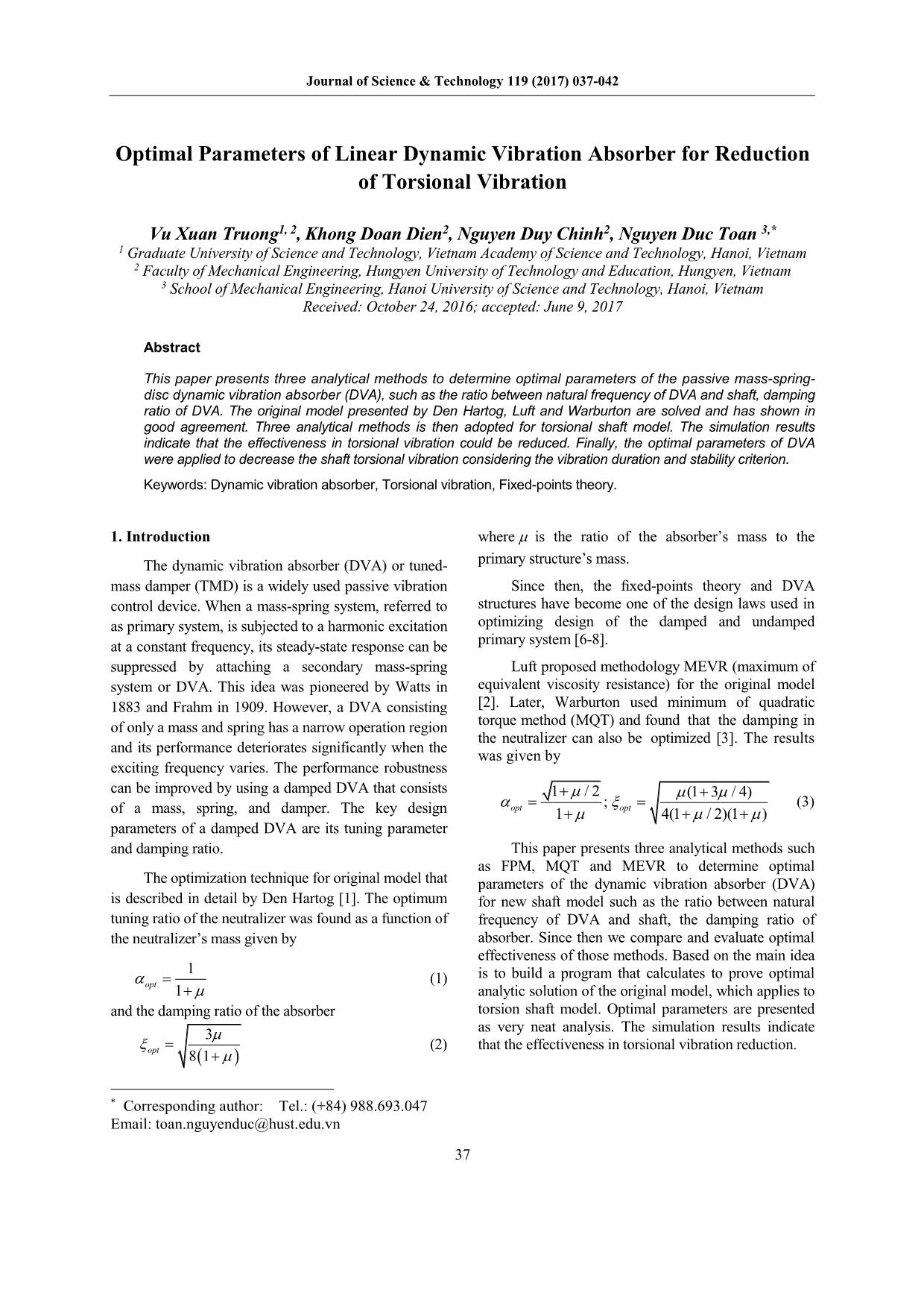 Optimal parameters of linear dynamic vibration absorber for reduction of torsional vibration trang 1