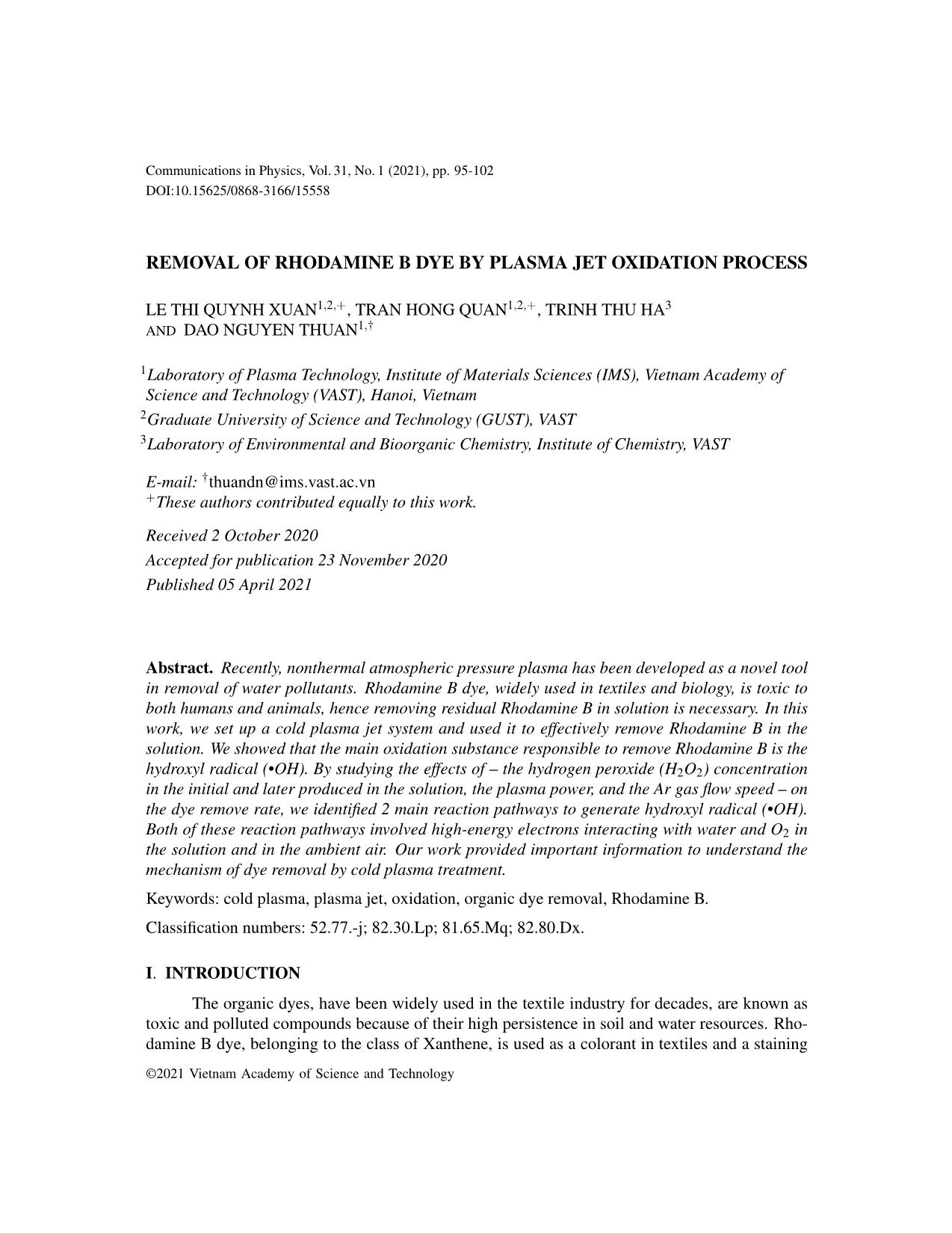 Removal of rhodamine B dye by plasma jet oxidation process trang 1