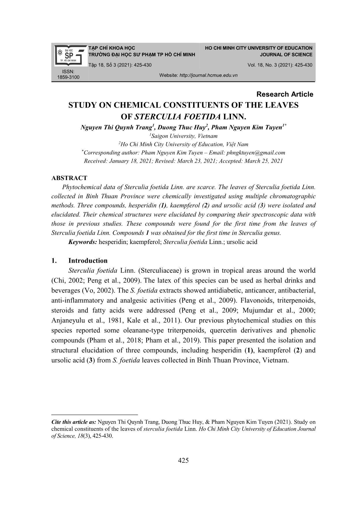 Study on chemical constituents of the leaves of sterculia foetida linn trang 1
