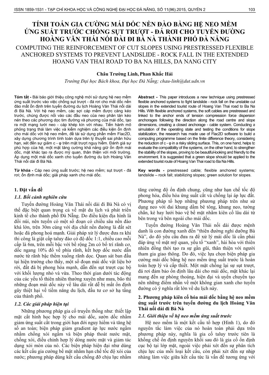Tính toán gia cường mái dốc nền đào bằng hệ neo mềm ứng suất trước chống sụt trượt - đá rơi cho tuyến đường Hoàng Văn Thái nối dài đi Bà Nà thành phố Đà Nẵng trang 1