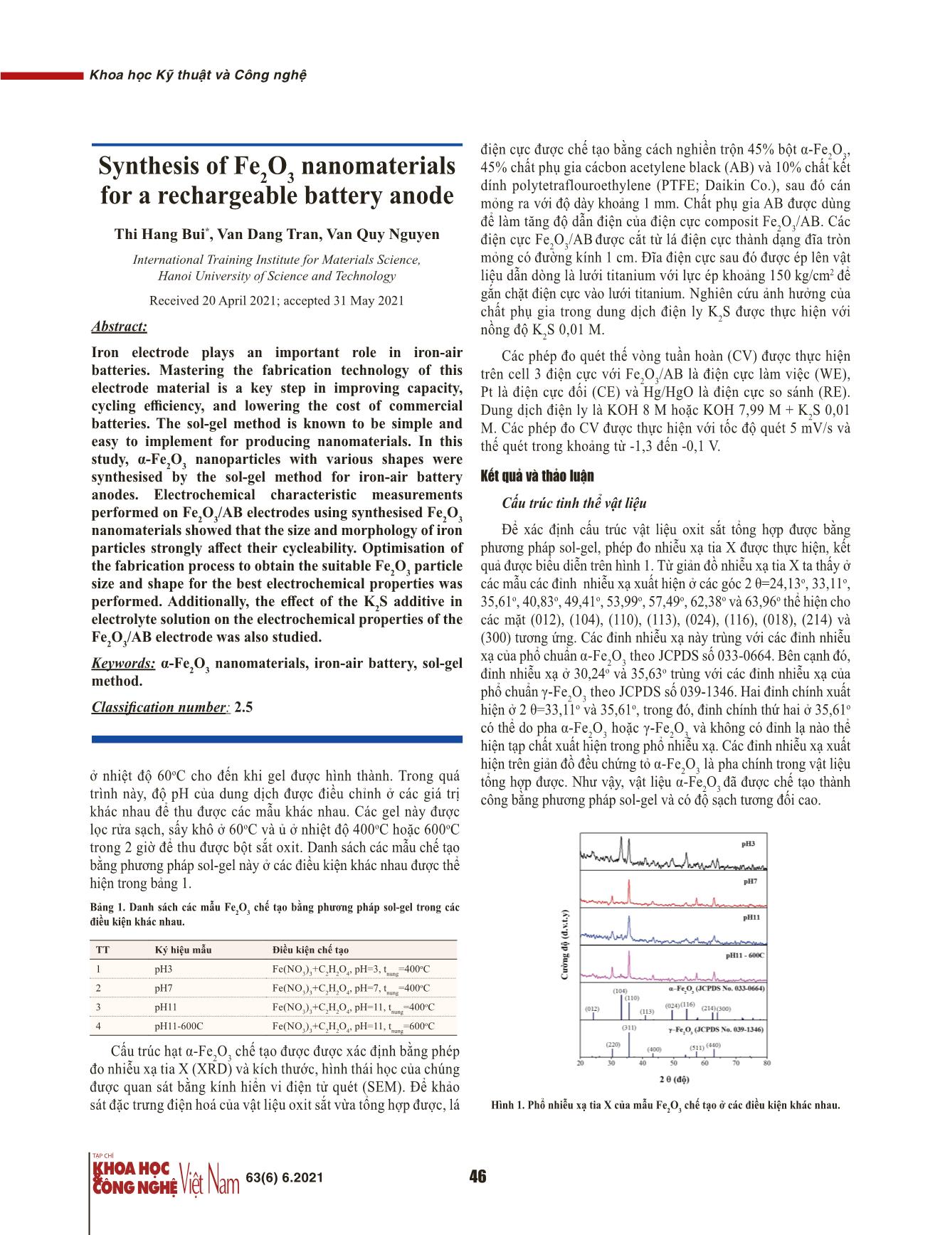 Tổng hợp vật liệu Fe₂O₃ kích thước nanomet ứng dụng làm điện cực âm pin sạc lại trang 2
