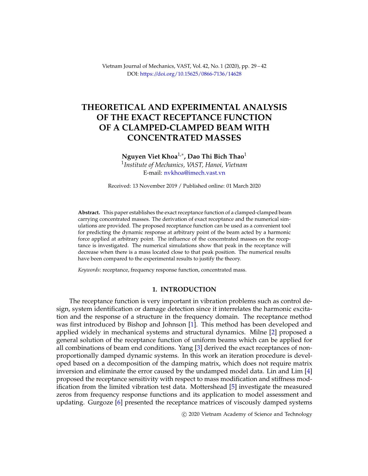 Theoretical and experimental analysis of the exact receptance function of a clamped - Clamped beam with concentrated masses trang 1