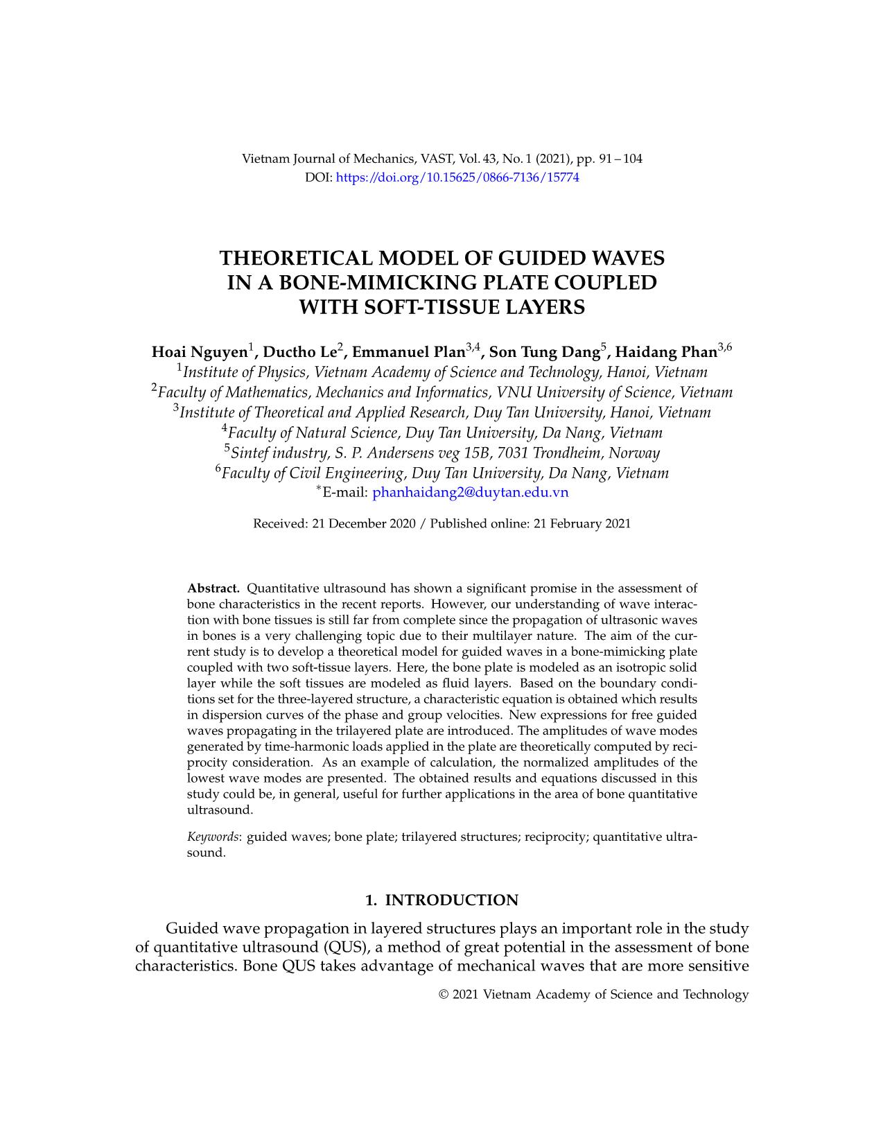 Theoretical model of guided waves in a bone - mimicking plate coupled with soft - tissue layers trang 1