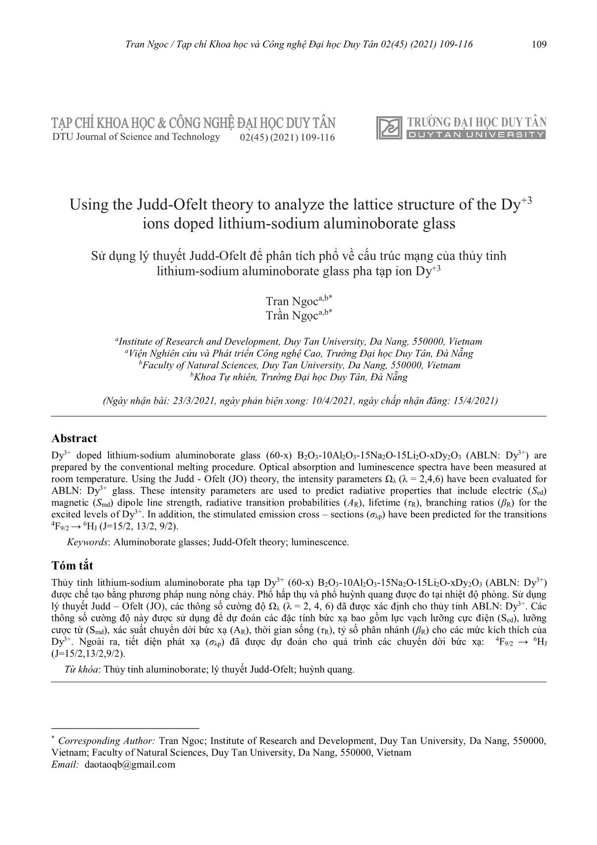 Sử dụng lý thuyết Judd-Ofelt để phân tích phổ về cấu trúc mạng của thủy tinh lithium-sodium aluminoborate glass pha tạp ion Dy+3 trang 1