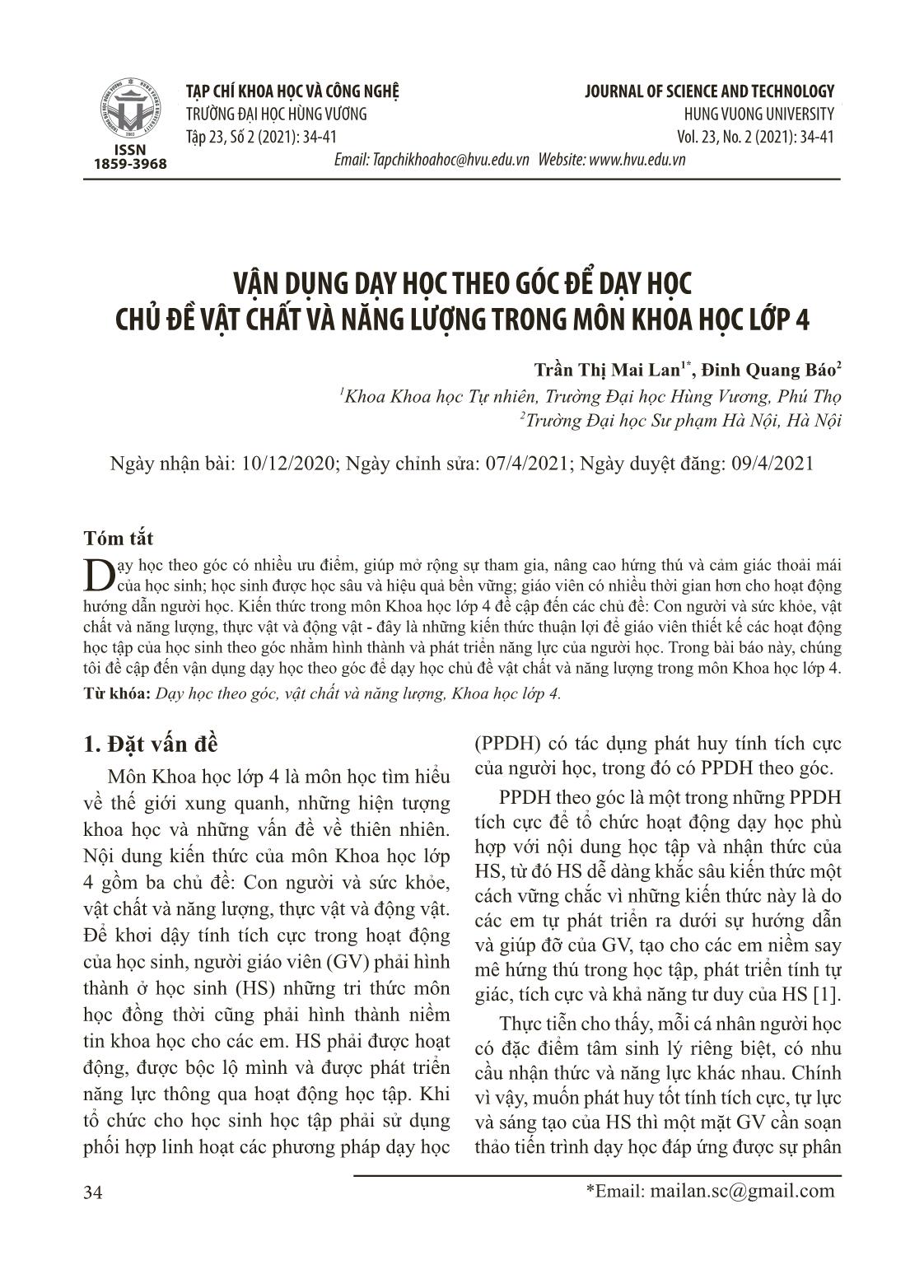 Vận dụng dạy học theo góc để dạy học chủ đề vật chất và năng lượng trong môn Khoa học Lớp 4 trang 1