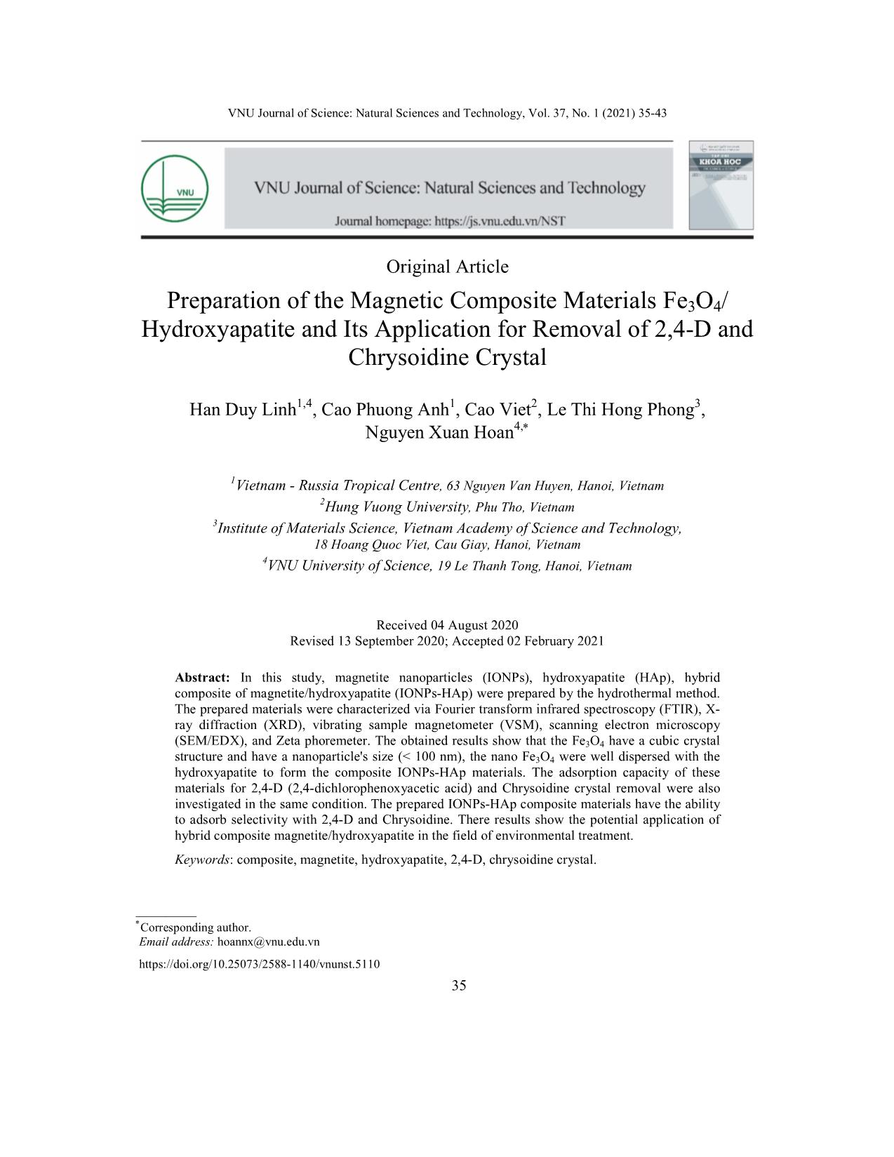 Vật liệu composite từ tính Fe₃O₄/ hydroxyapatite ứng dụng trong hấp phụ xử lý 2,4-D và Chrysoidine trang 1