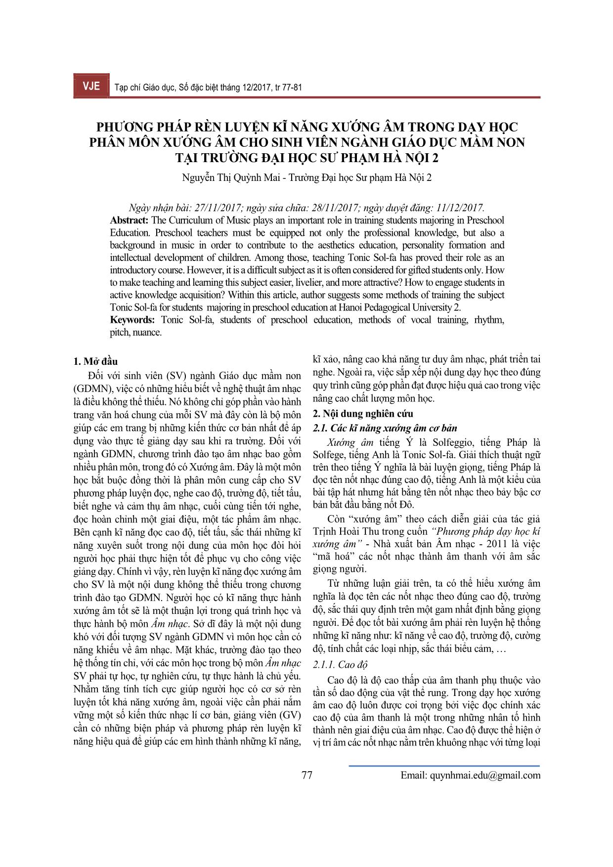 Phương pháp rèn luyện kĩ năng xướng âm trong dạy học phân môn xướng âm cho sinh viên ngành giáo dục mầm non tại trường Đại học Sư phạm Hà Nội 2 trang 1