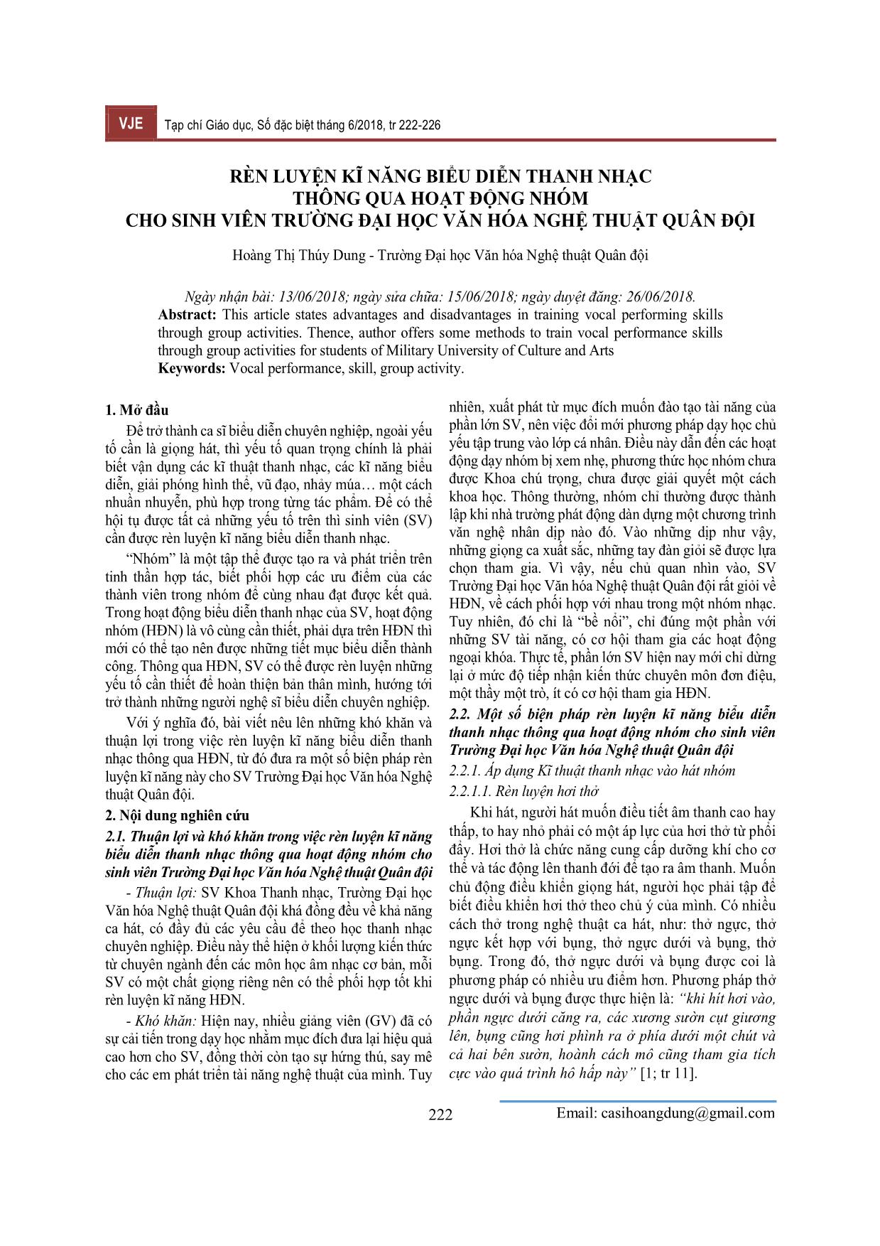 Rèn luyện kĩ năng biểu diễn thanh nhạc thông qua hoạt động nhóm cho sinh viên trường Đại học văn hóa nghệ thuật quân đội trang 1