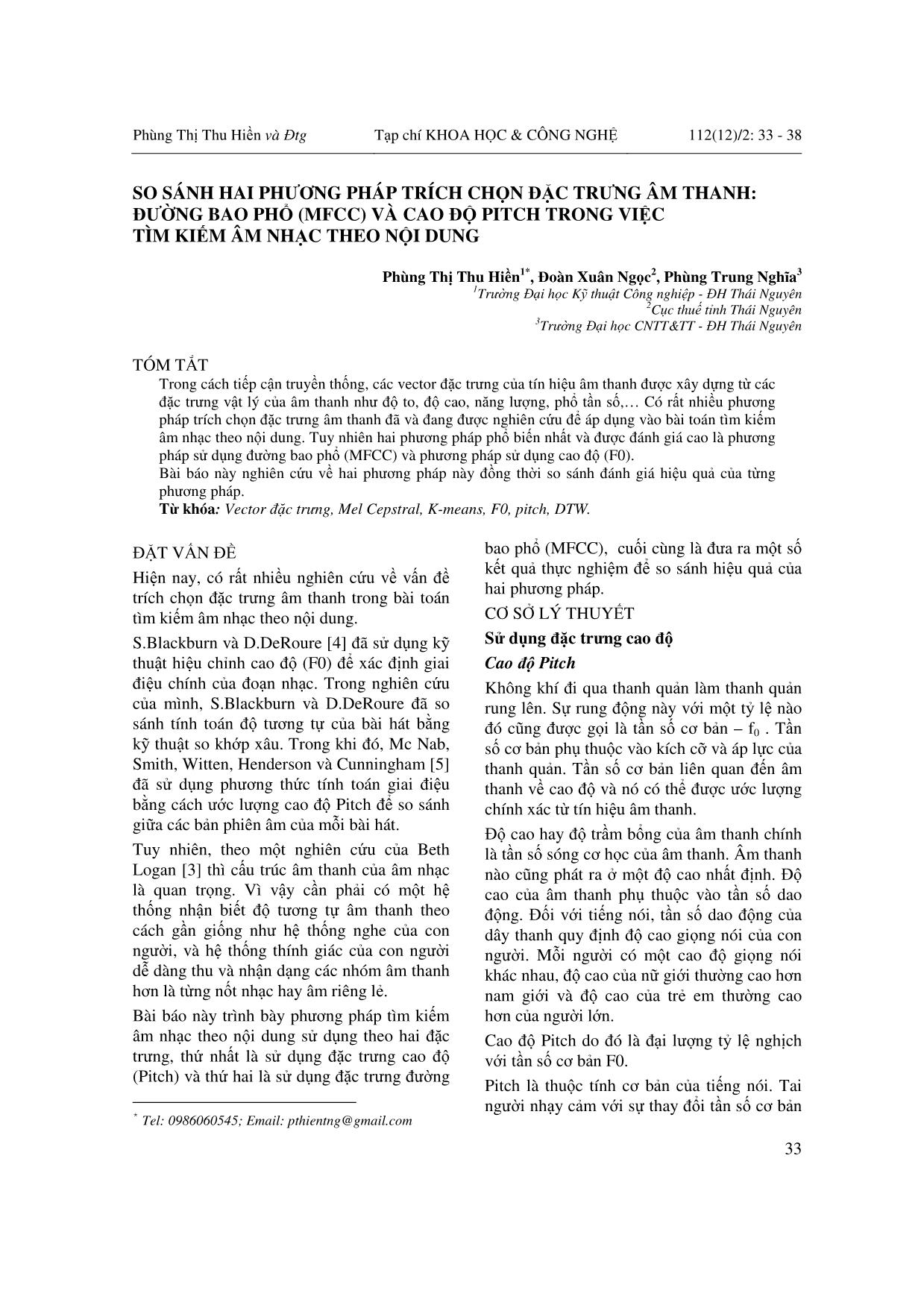 So sánh hai phương pháp trích chọn đặc trưng âm thanh: Đường bao phổ (MFCC) và cao độ Pitch trong việc tìm kiếm âm nhạc theo nội dung trang 1