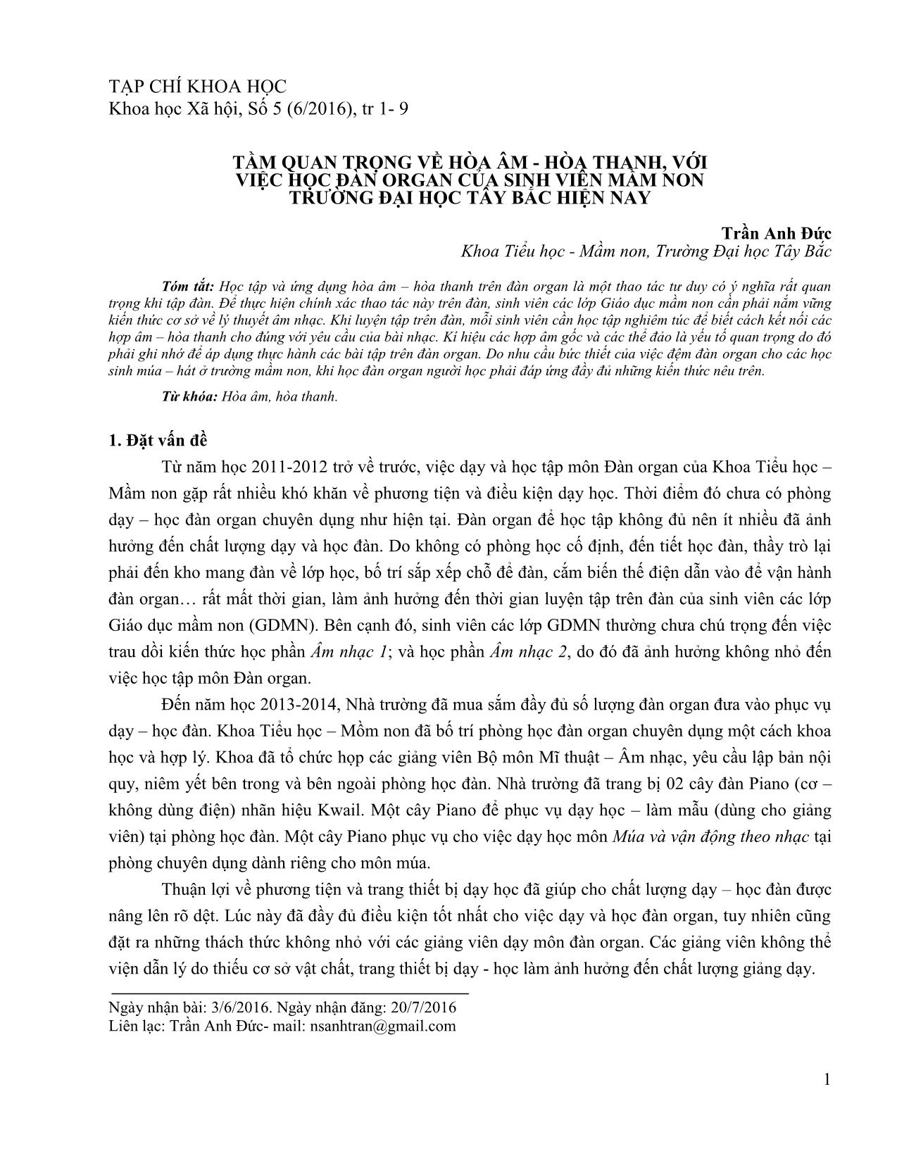 Tầm quan trọng về hòa âm - hòa thanh, với việc học đàn organ của sinh viên mầm non trường Đại học Tây Bắc hiện nay trang 1