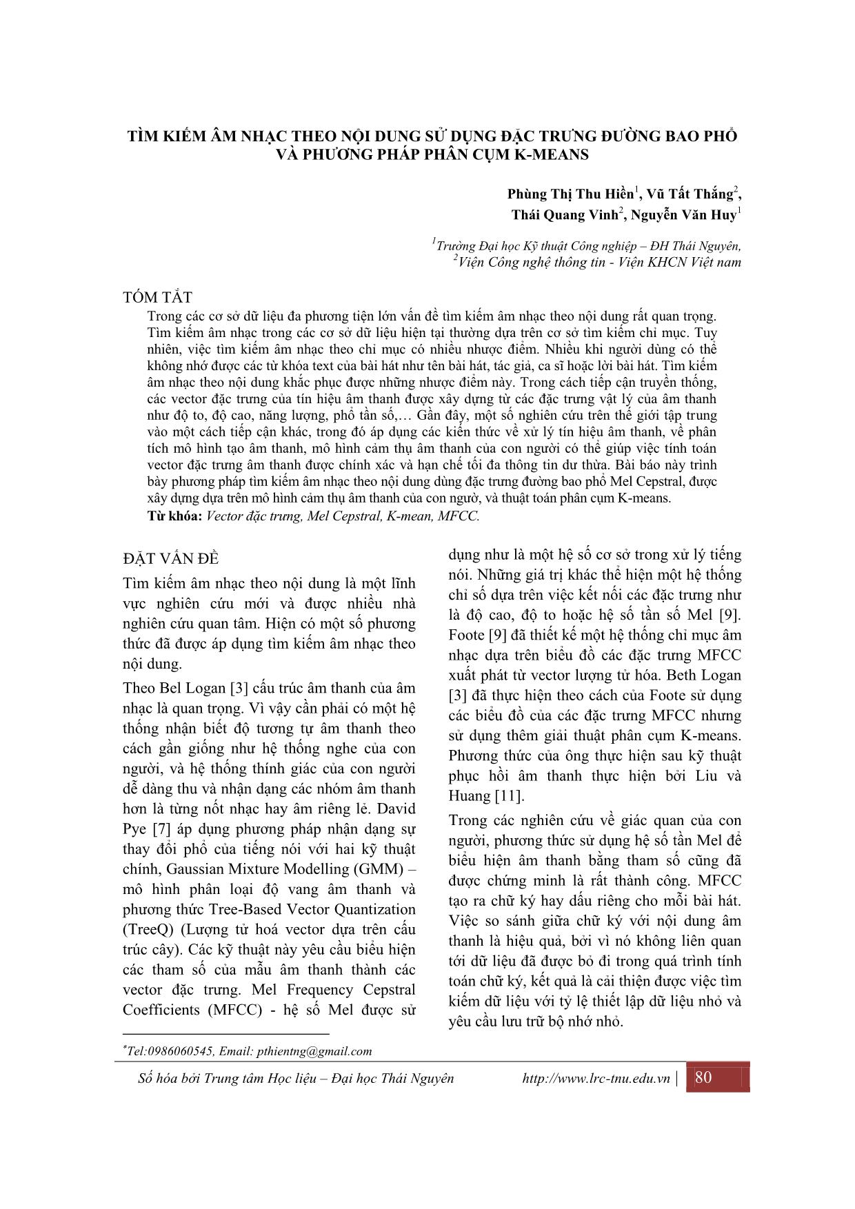 Tìm kiếm âm nhạc theo nội dung sử dụng đặc trưng đường bao phổ và phương pháp phân cụm K-Means trang 1