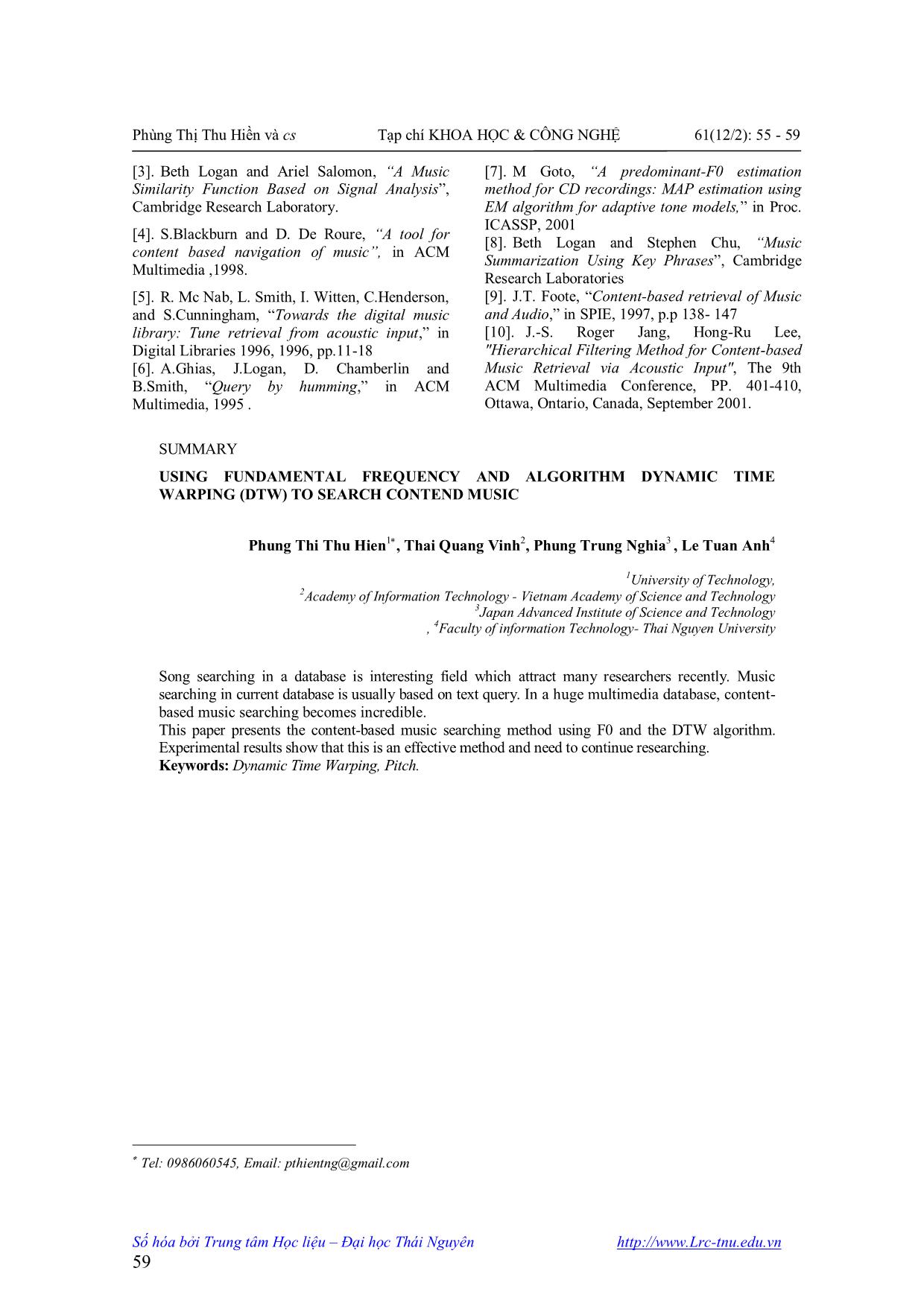 Tìm kiếm âm nhạc theo nội dung sử dụng đặc trưng tần số cơ bản F0 và giải thuật thời gian động DTW trang 5