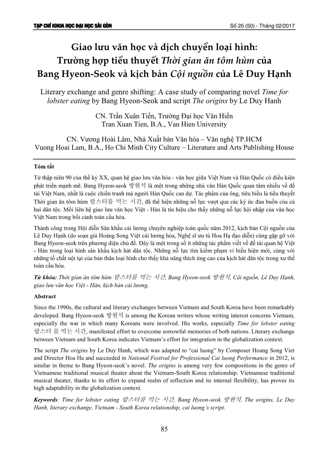 Giao lưu văn học và dịch chuyển loại hình: Trường hợp tiểu thuyết Thời gian ăn tôm hùm của Bang Hyeon-Seok và kịch bản Cội nguồn của Lê Duy Hạnh trang 1