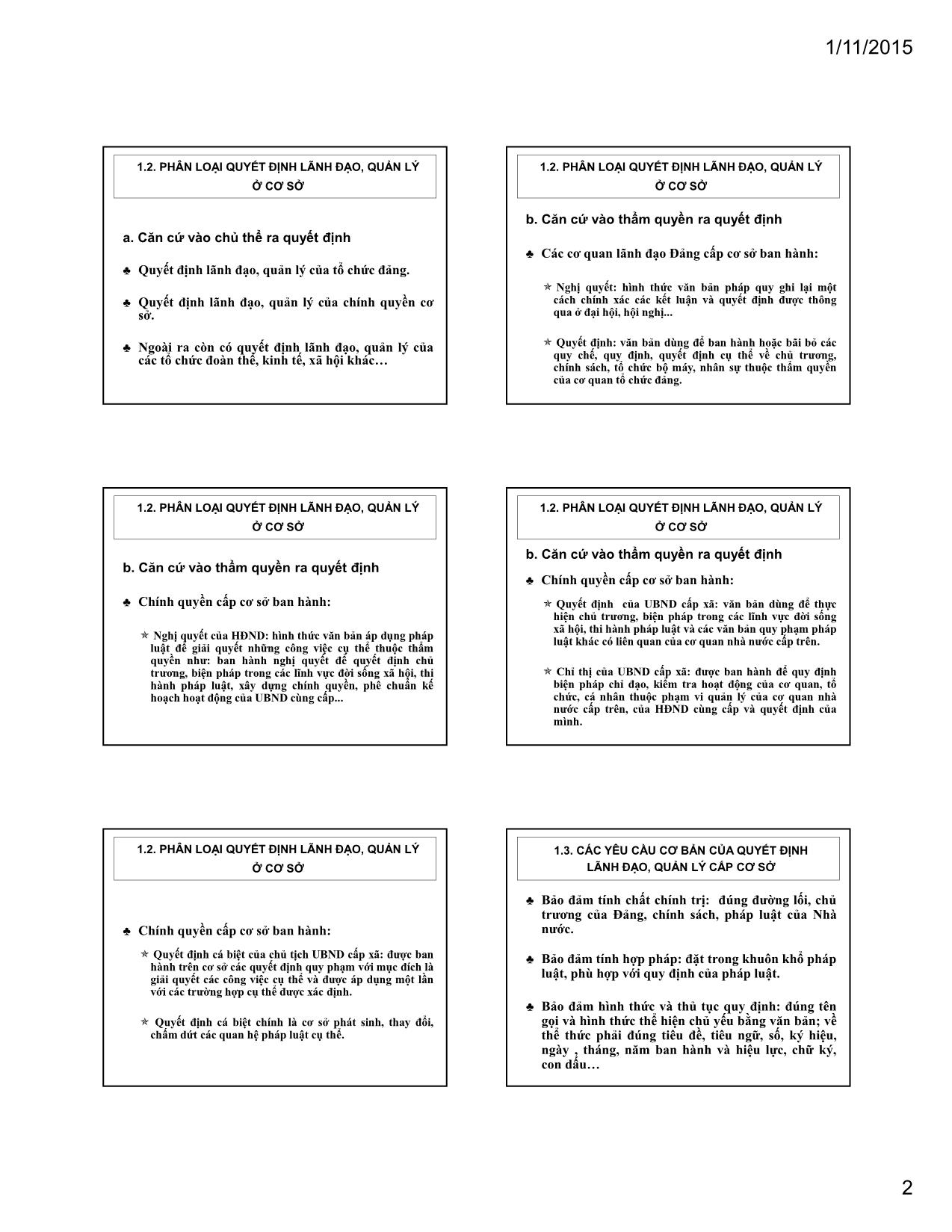 Bài giảng Kỹ năng ra quyết định và tổ chức thực hiện quyết định của cán bộ lãnh đạo, quản lý ở cơ sở trang 2