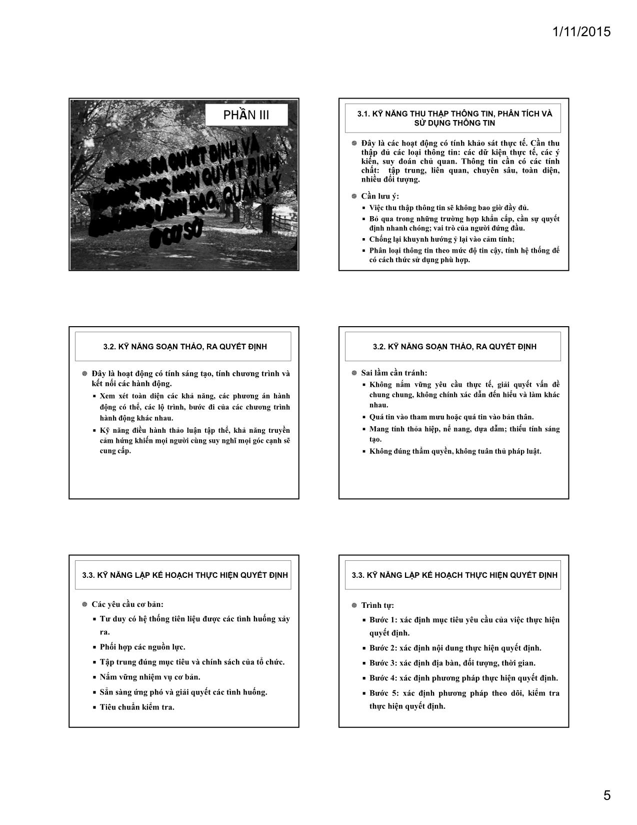 Bài giảng Kỹ năng ra quyết định và tổ chức thực hiện quyết định của cán bộ lãnh đạo, quản lý ở cơ sở trang 5