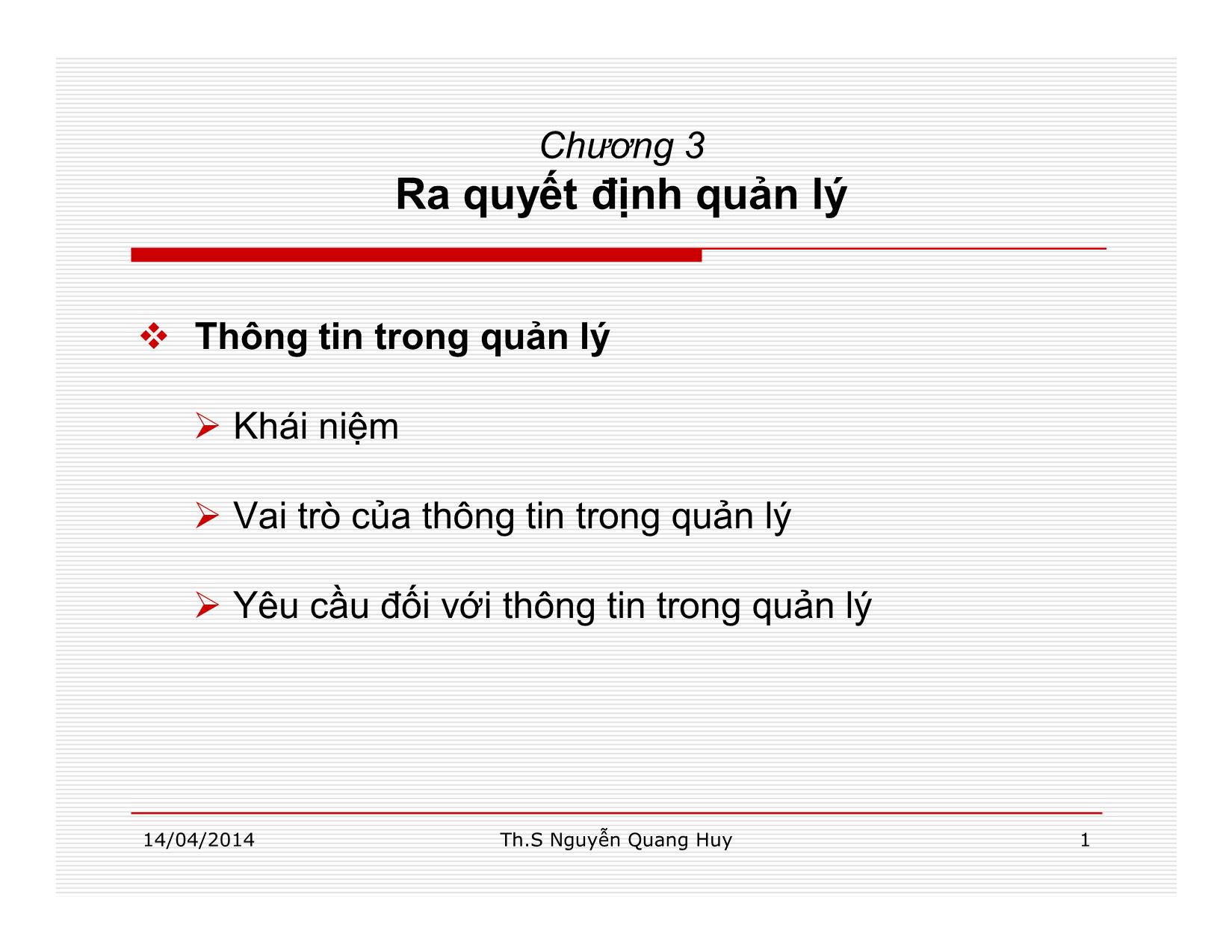 Bài giảng Quản lý học - Chương 3: Ra quyết định quản lý - Nguyễn Quang Huy trang 1