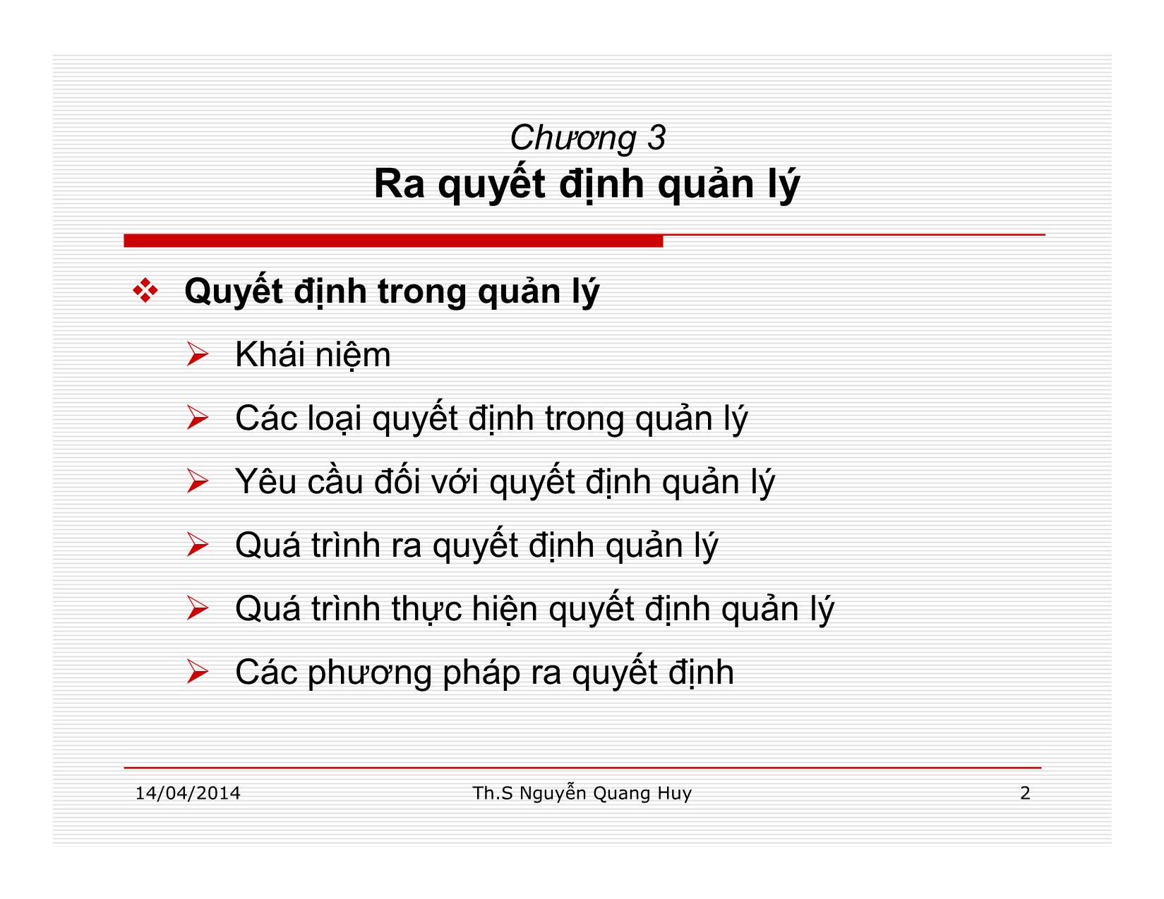 Bài giảng Quản lý học - Chương 3: Ra quyết định quản lý - Nguyễn Quang Huy trang 2